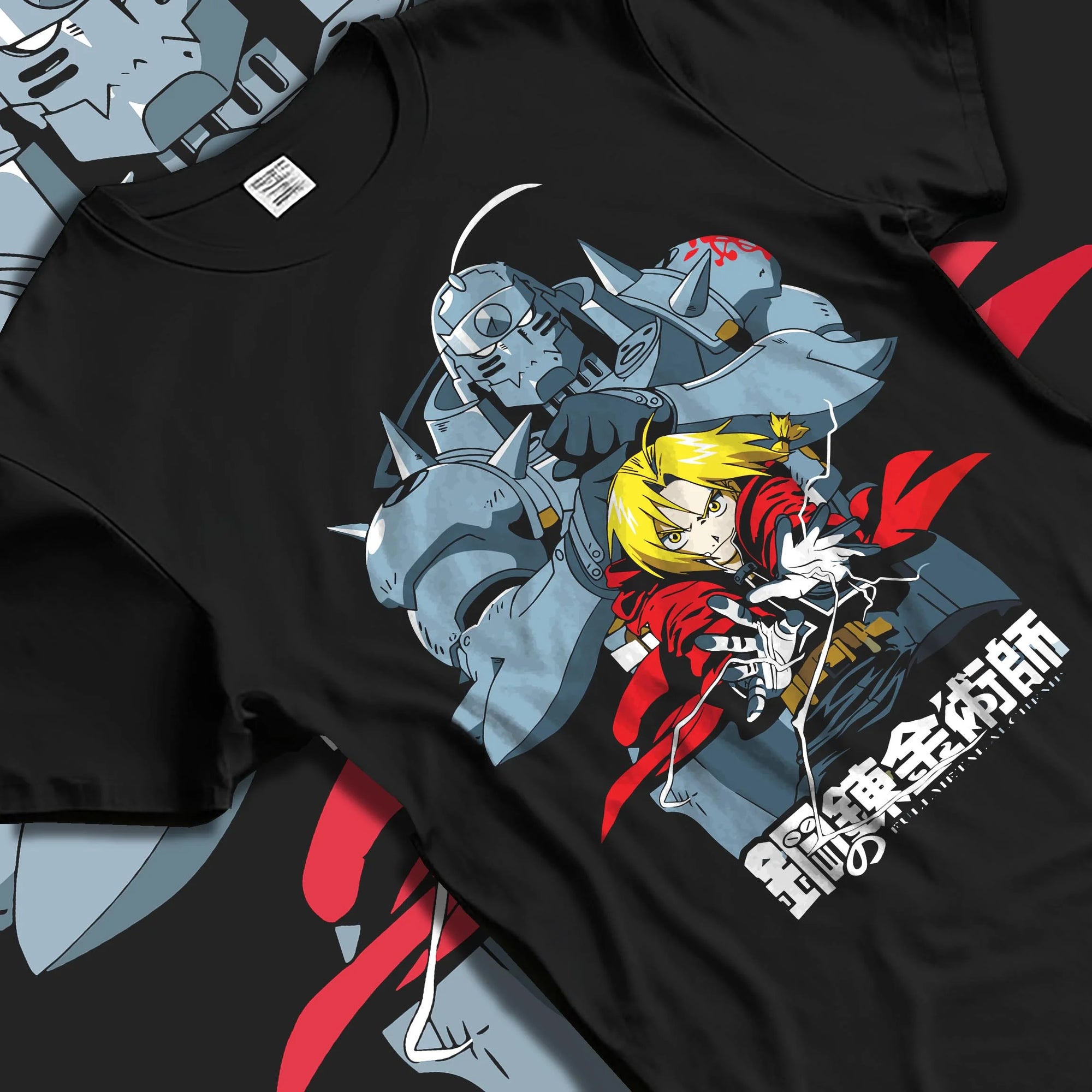 Black T-shirt laid flat with natural folds with Edward Elric Hoodie Fullmetal Alchemist Silver Armor graphic bold anime graphic.