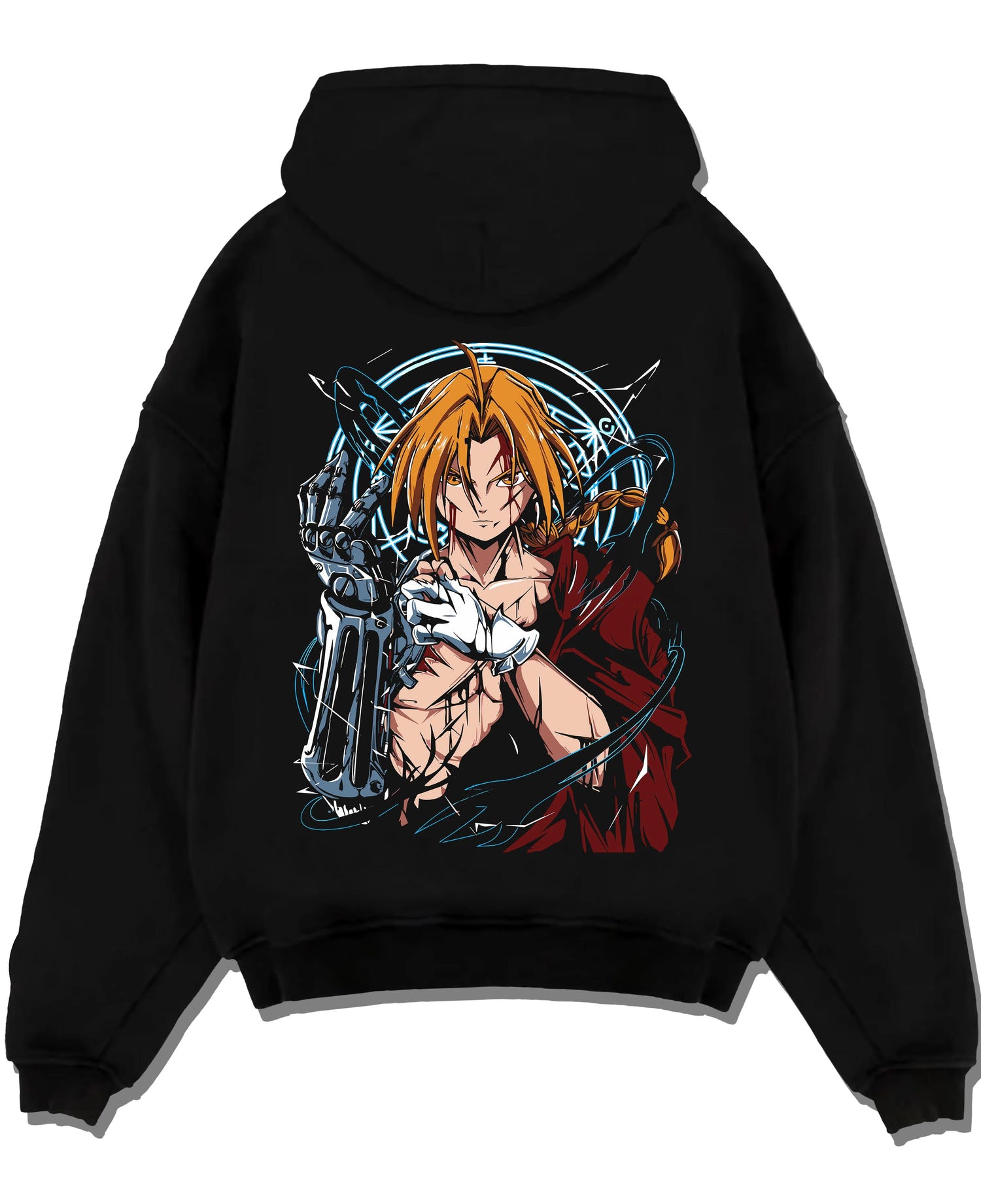 Black pullover hoodie laid flat with Edward Elric Hoodie Fullmetal Alchemist Metal Arm graphic premium wear.