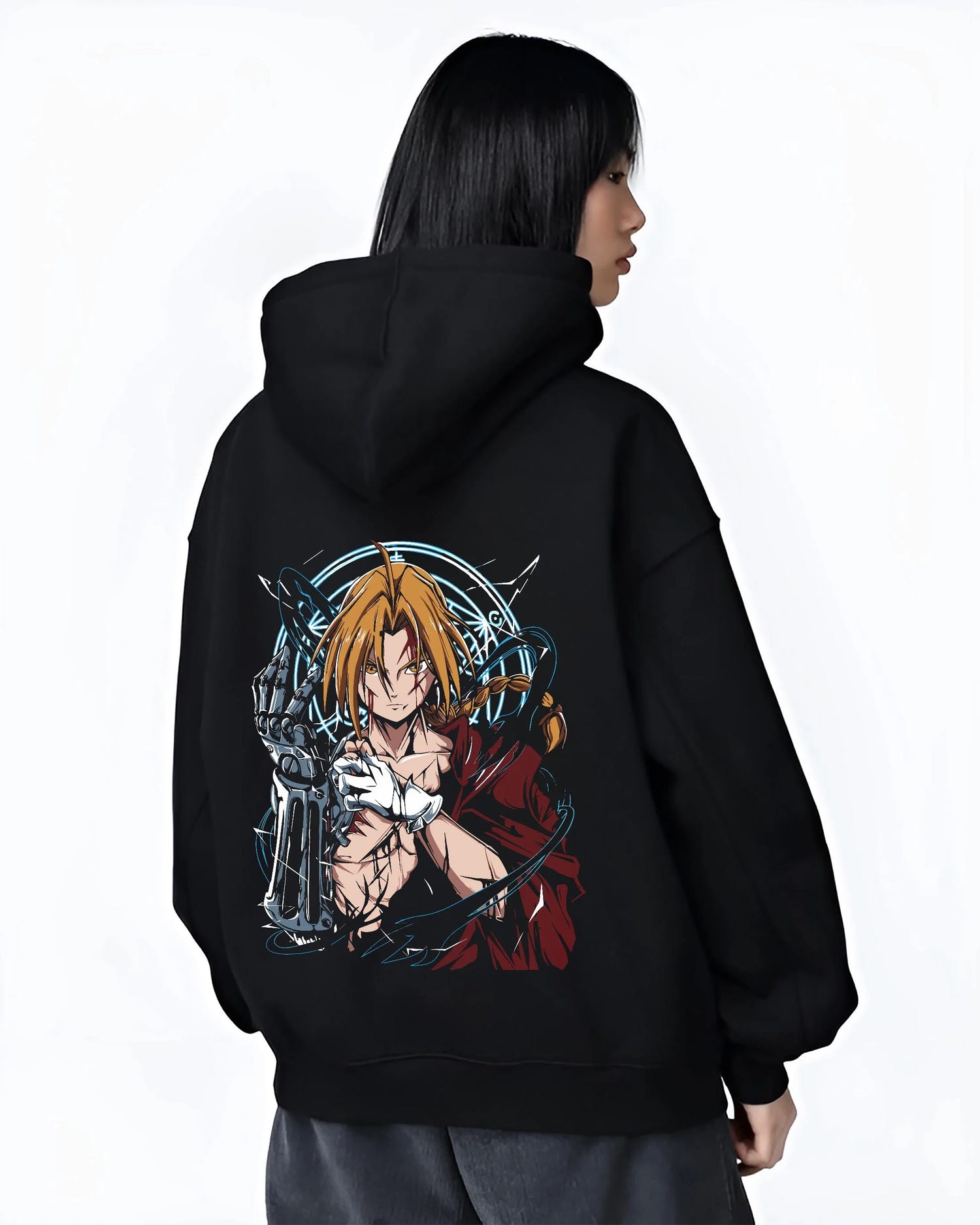 Black hoodie worn by female model, back view with Edward Elric Hoodie Fullmetal Alchemist Metal Arm graphic premium wear.