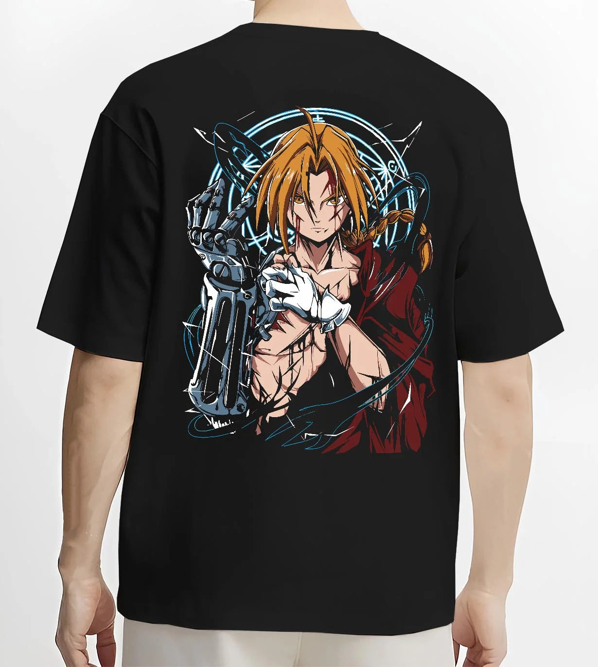 Black T-shirt worn by male model, back view with Edward Elric Hoodie Fullmetal Alchemist Metal Arm graphic streetwear graphic.