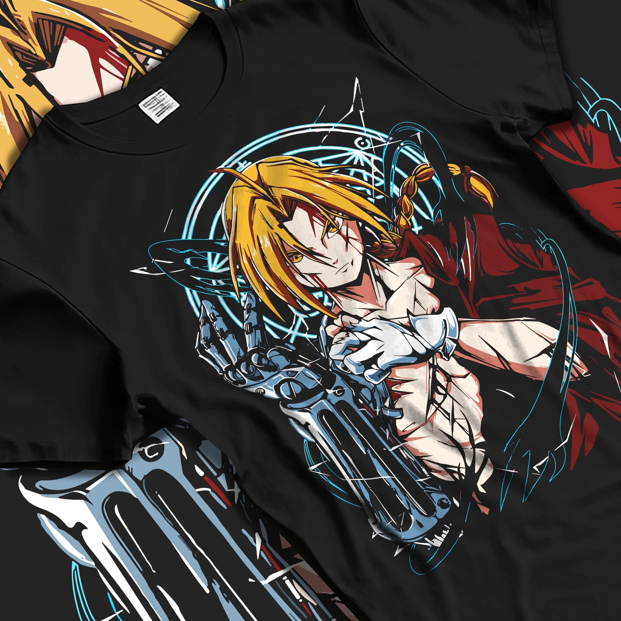 Black T-shirt laid flat with natural folds with Edward Elric Hoodie Fullmetal Alchemist Metal Arm graphic premium wear.