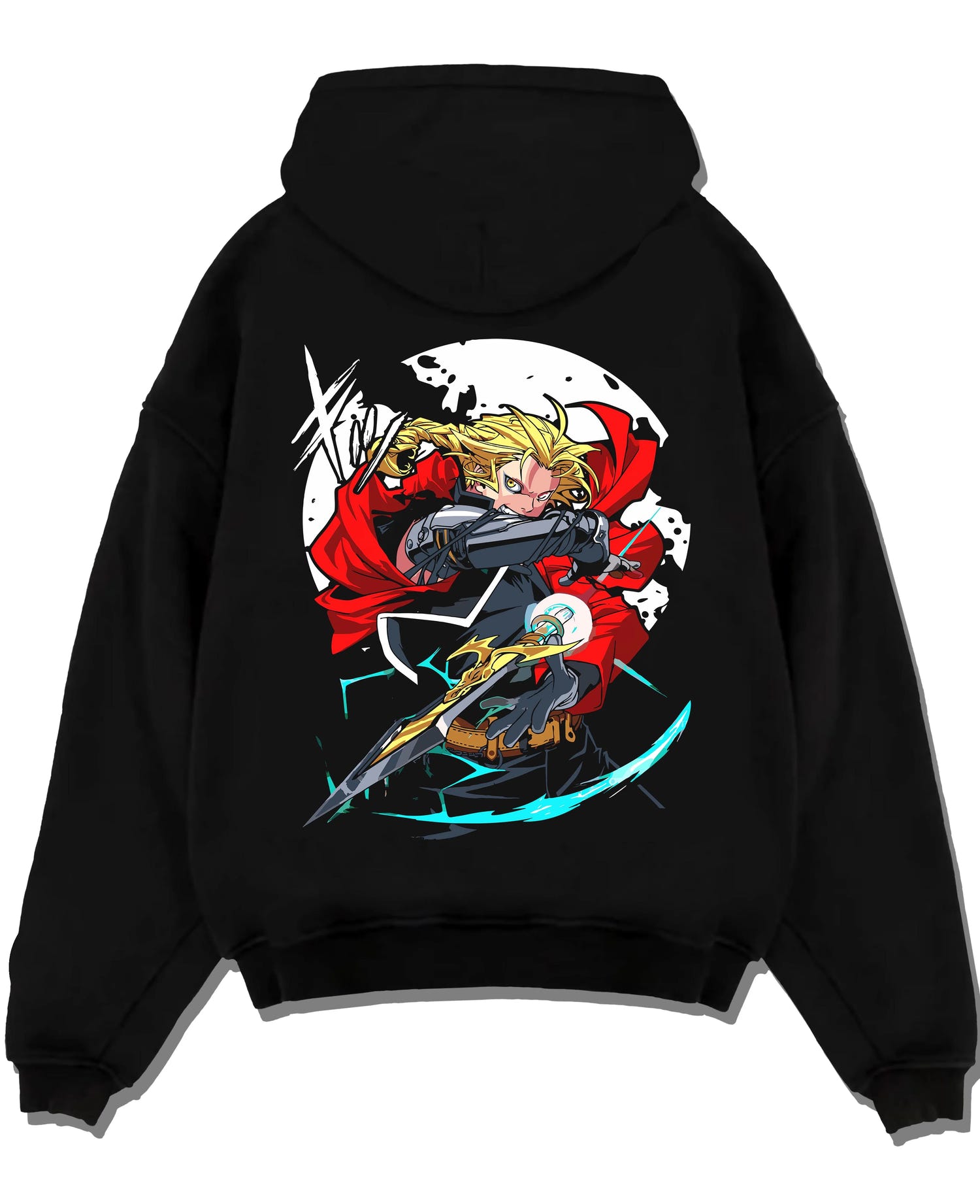 Black pullover hoodie laid flat with Edward Elric Hoodie Fullmetal Alchemist Red Blade graphic streetwear graphic.