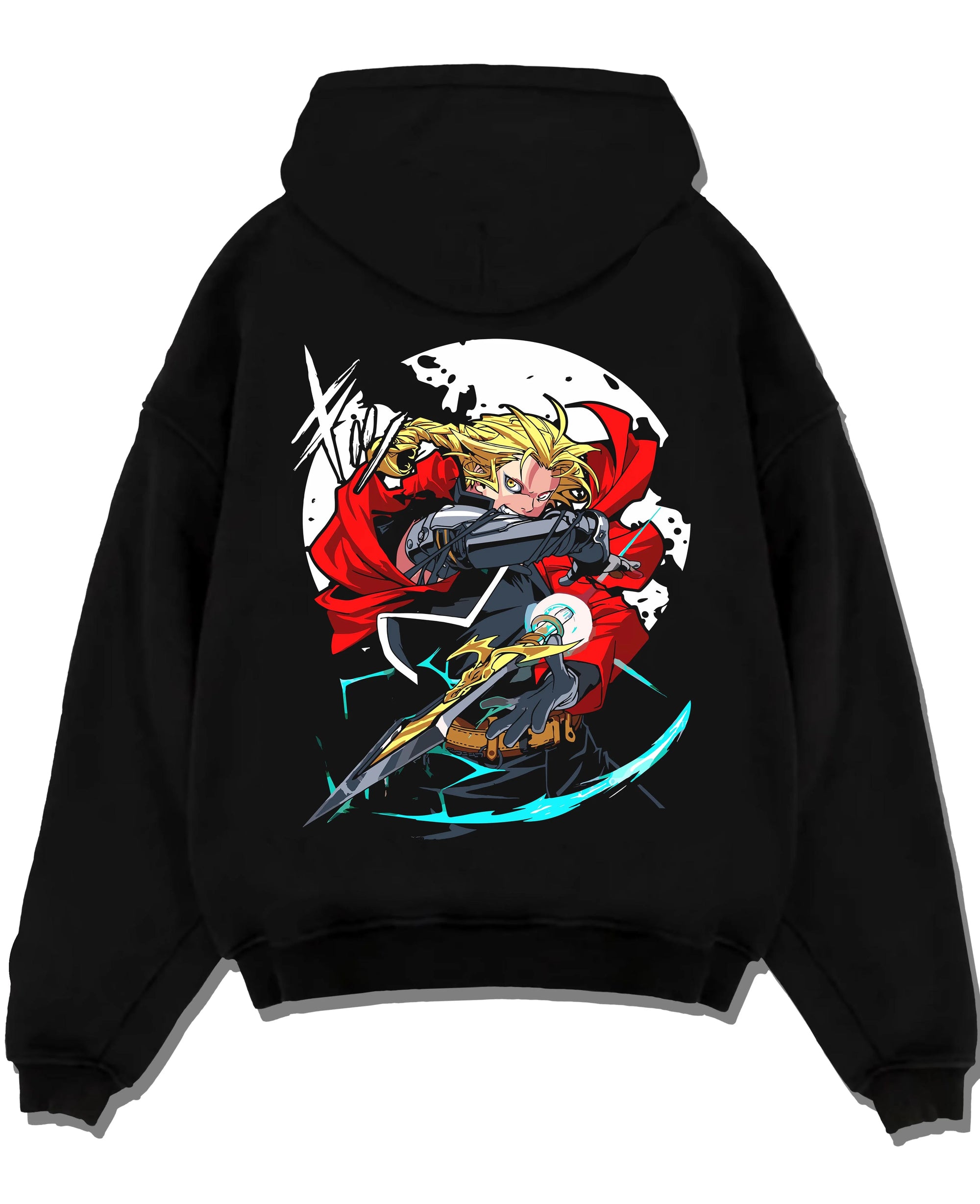 Black pullover hoodie laid flat with Edward Elric Hoodie Fullmetal Alchemist Red Blade graphic streetwear graphic.