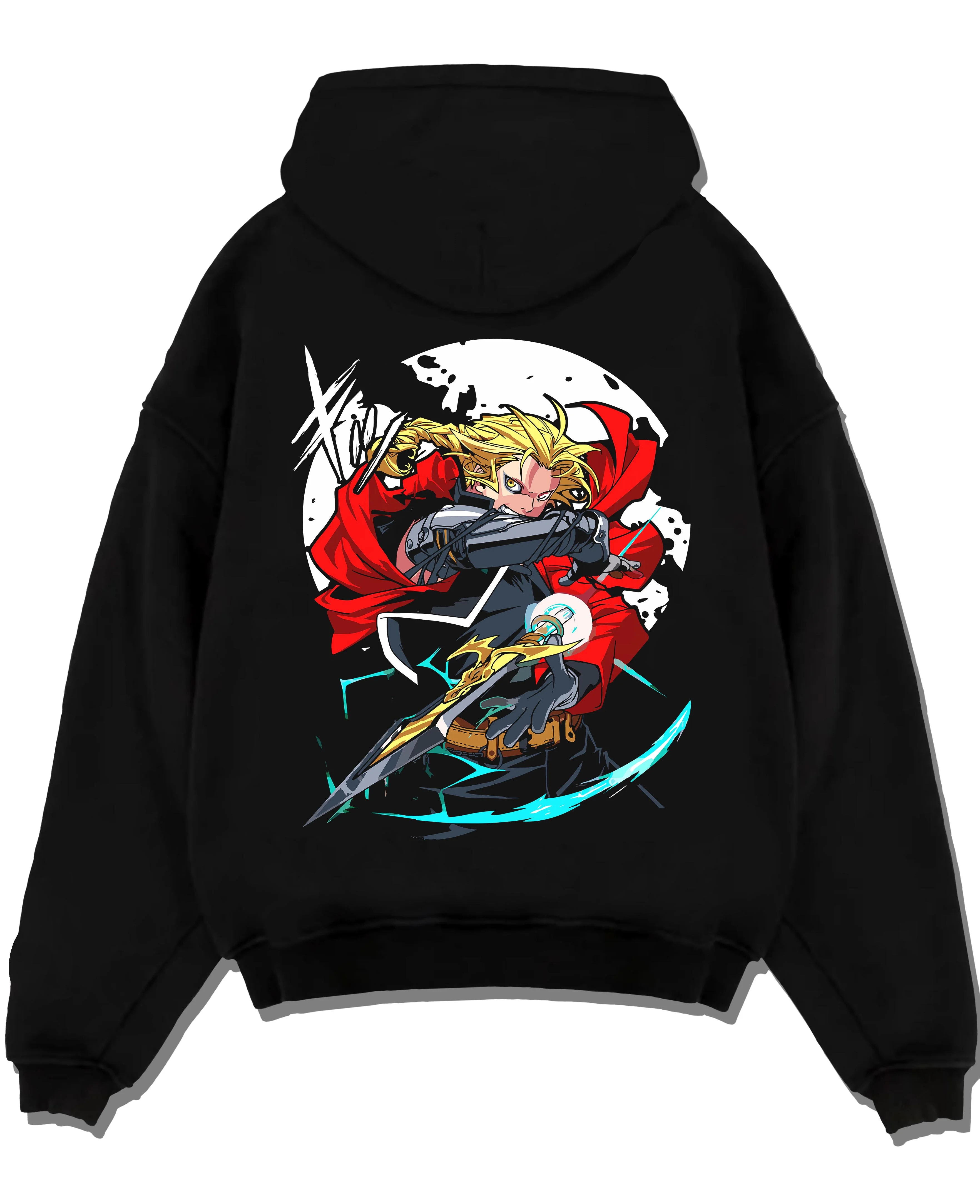 Black pullover hoodie laid flat with Edward Elric Hoodie Fullmetal Alchemist Red Blade graphic streetwear graphic.