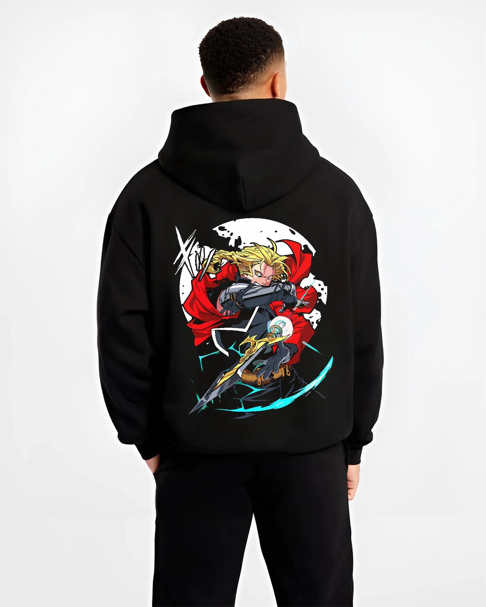 Black hoodie worn by male model, back view with Edward Elric Hoodie Fullmetal Alchemist Red Blade graphic premium wear.