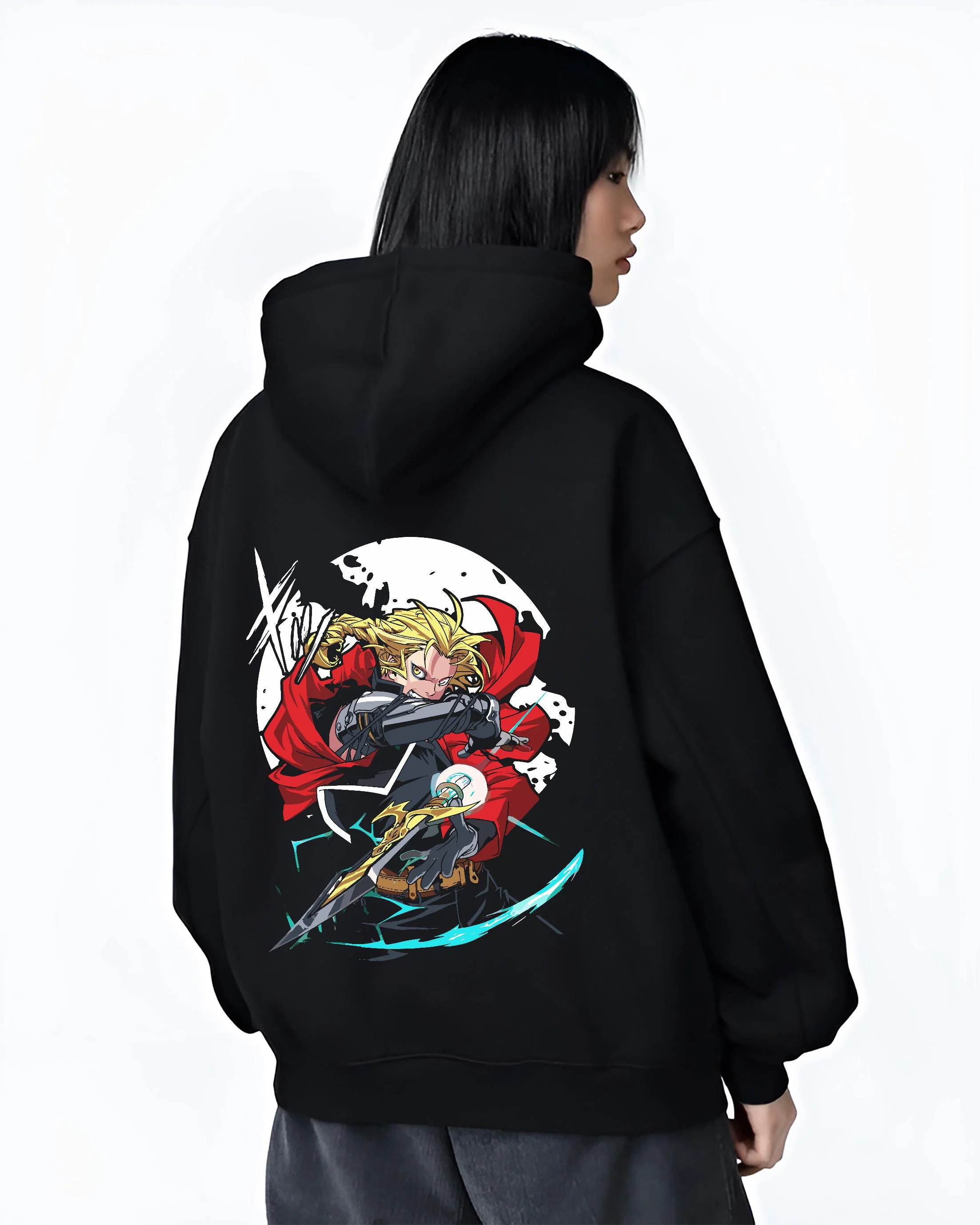 Black hoodie worn by female model, back view with Edward Elric Hoodie Fullmetal Alchemist Red Blade graphic streetwear graphic.