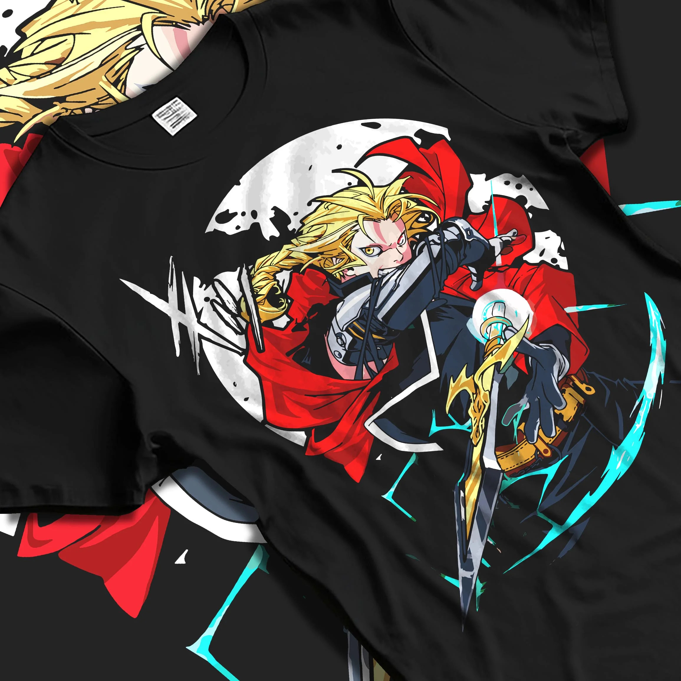 Black T-shirt laid flat with natural folds with Edward Elric Hoodie Fullmetal Alchemist Red Blade graphic streetwear graphic.