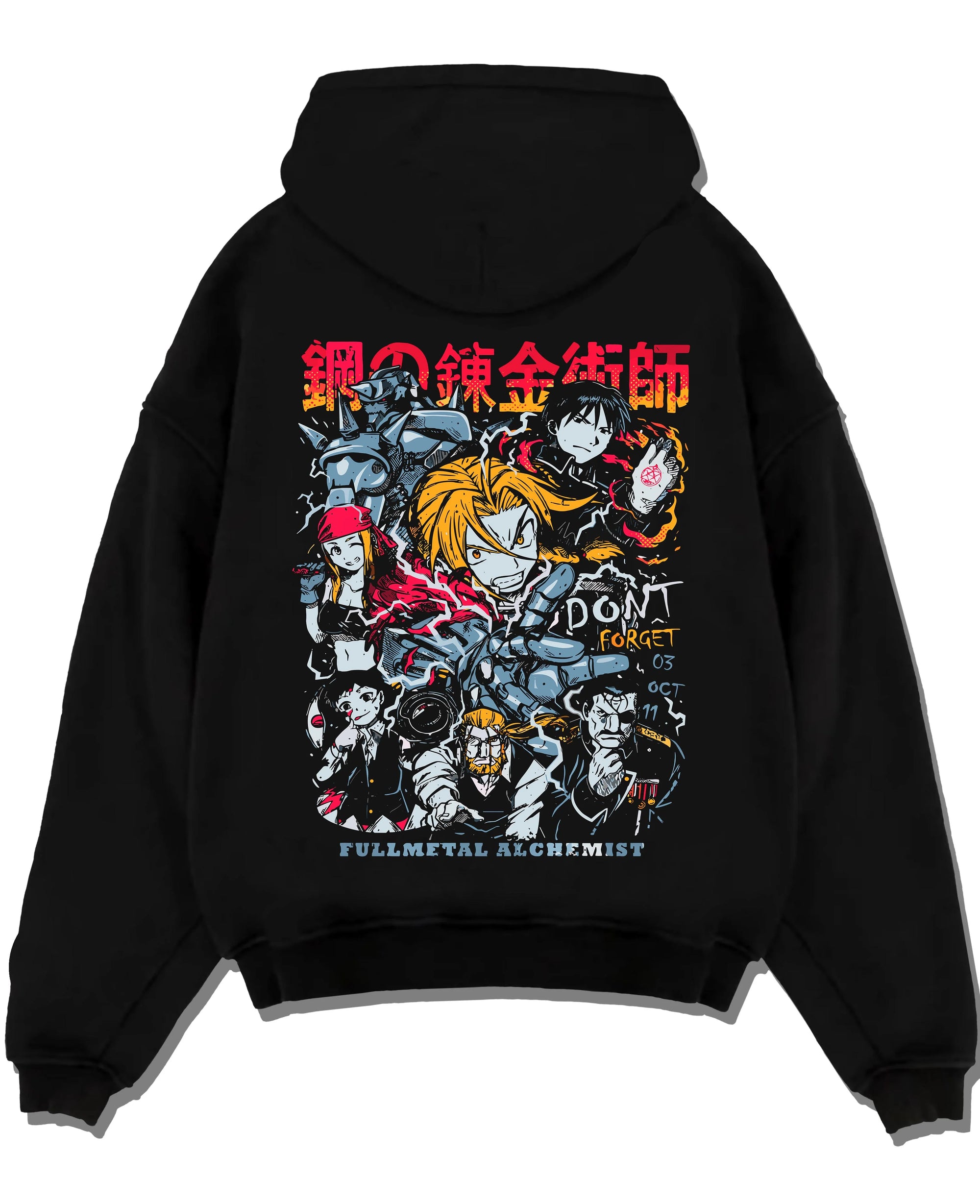 Black pullover hoodie laid flat with Edward Elric Hoodie Fullmetal Alchemist Don’t Forget graphic premium wear.