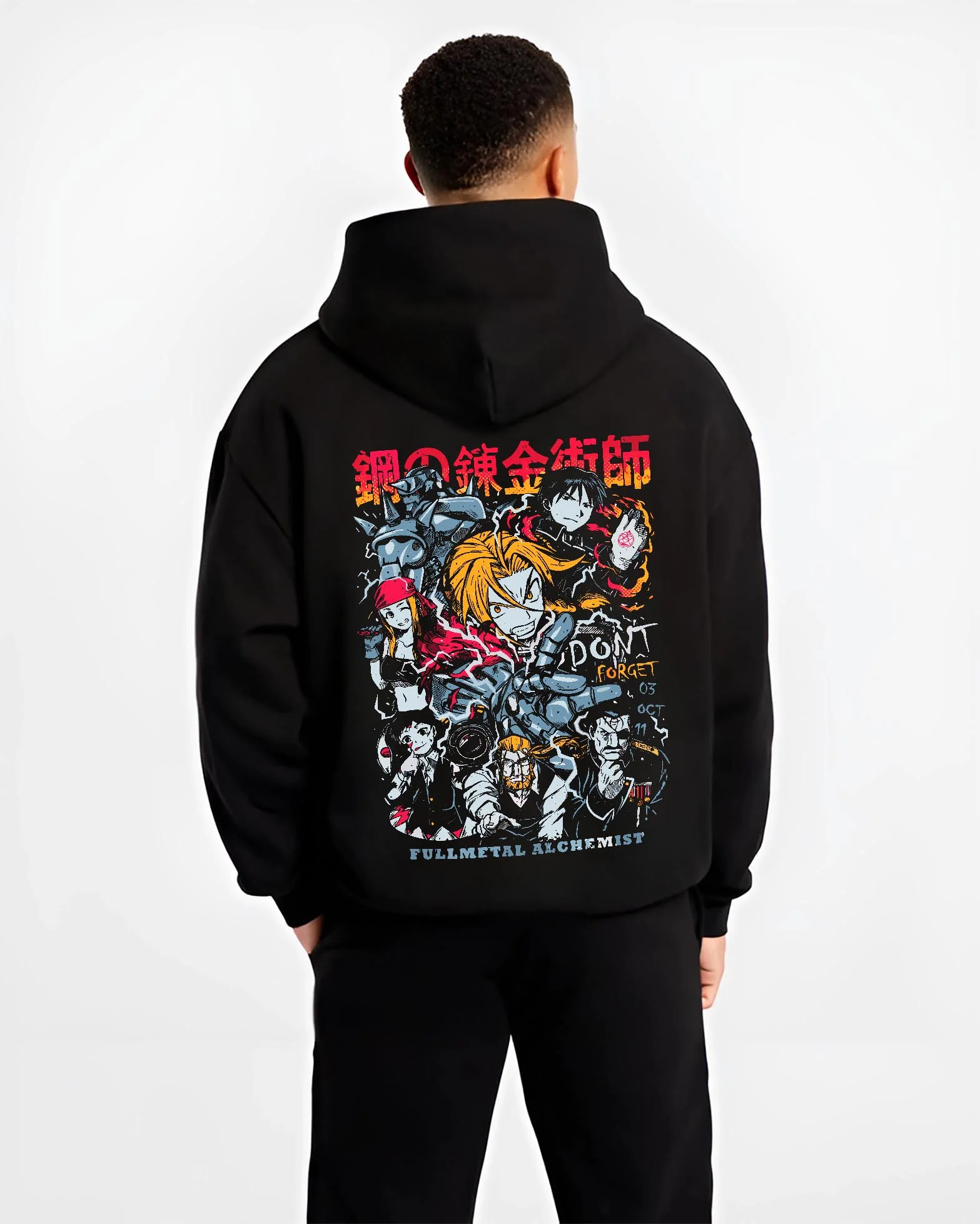 Black hoodie worn by male model, back view with Edward Elric Hoodie Fullmetal Alchemist Don’t Forget graphic premium wear.
