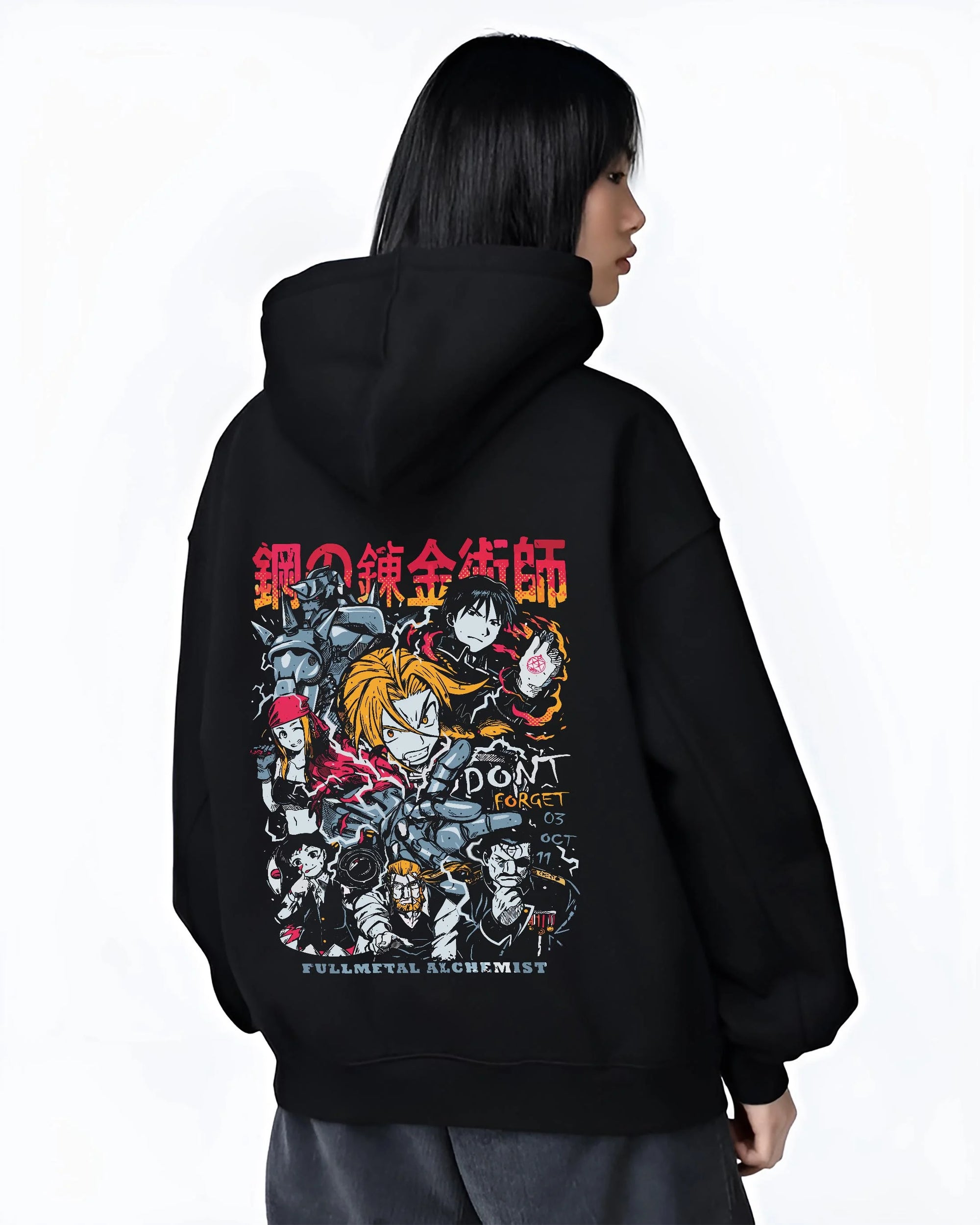 Black hoodie worn by female model, back view with Edward Elric Hoodie Fullmetal Alchemist Don’t Forget graphic premium wear.
