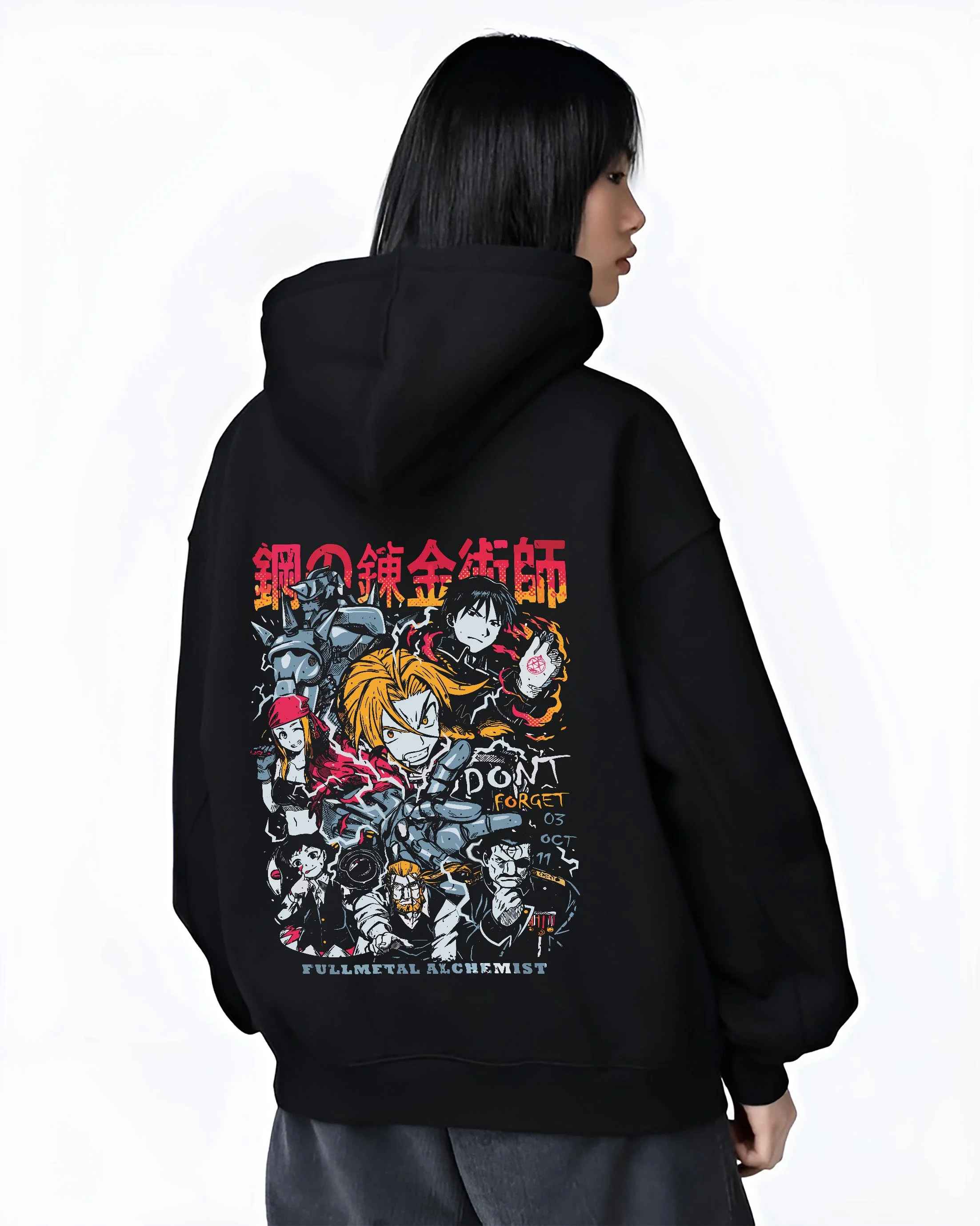 Black hoodie worn by female model, back view with Edward Elric Hoodie Fullmetal Alchemist Don’t Forget graphic premium wear.