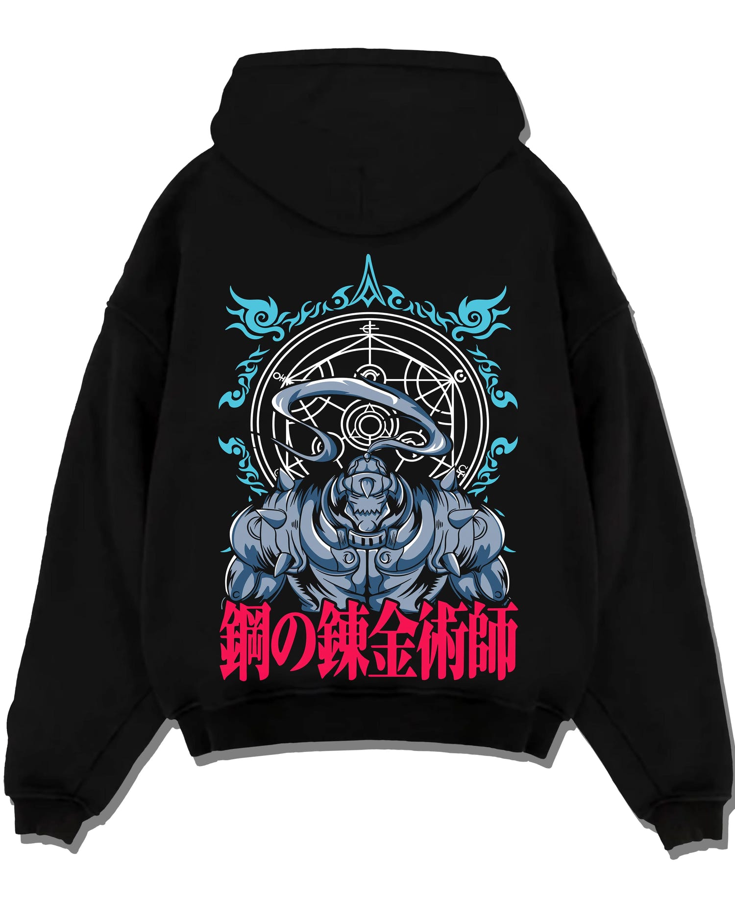 Black pullover hoodie laid flat with Edward Elric Hoodie Fullmetal Alchemist Circle Glow graphic premium wear.