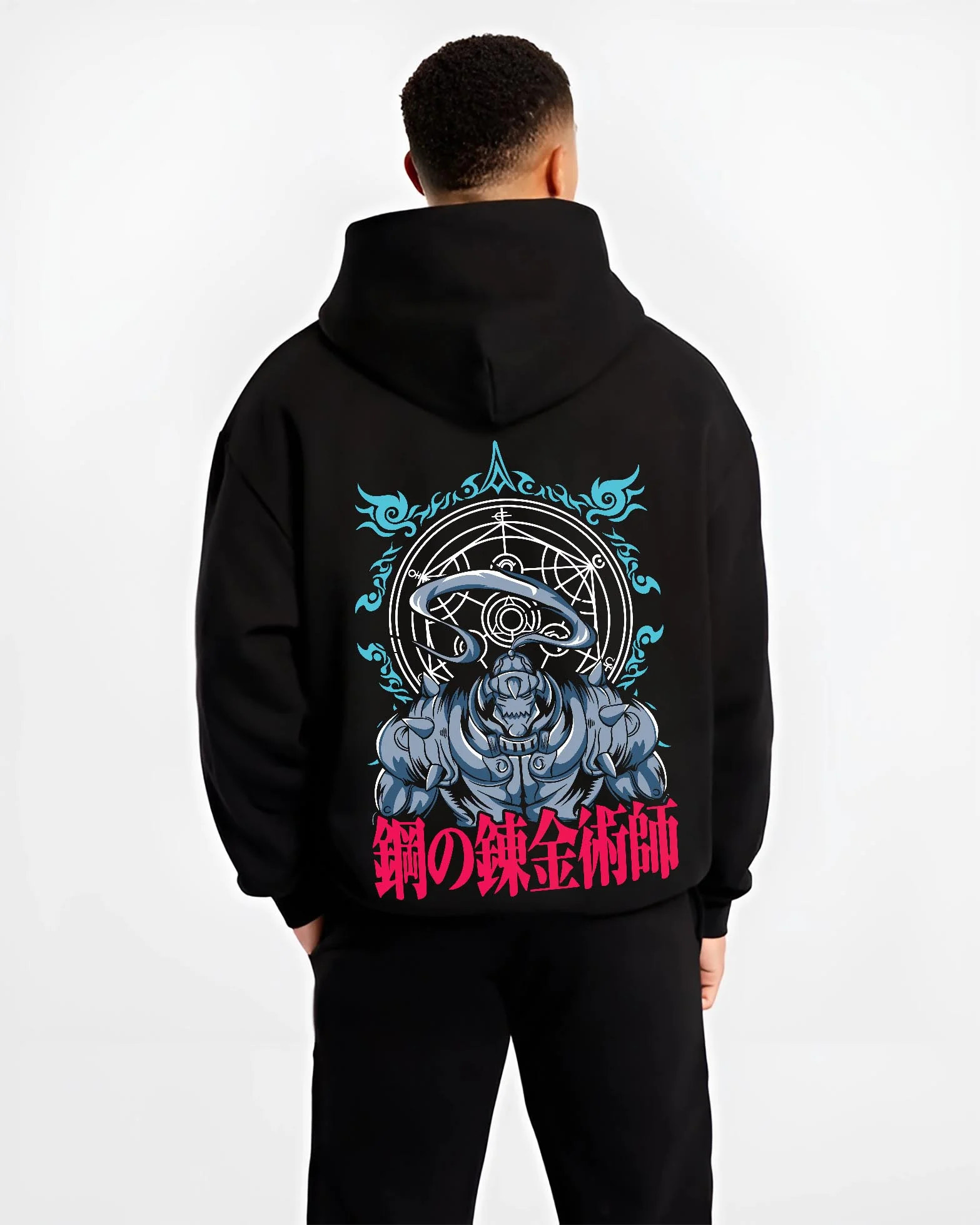 Black hoodie worn by male model, back view with Edward Elric Hoodie Fullmetal Alchemist Circle Glow graphic premium wear.