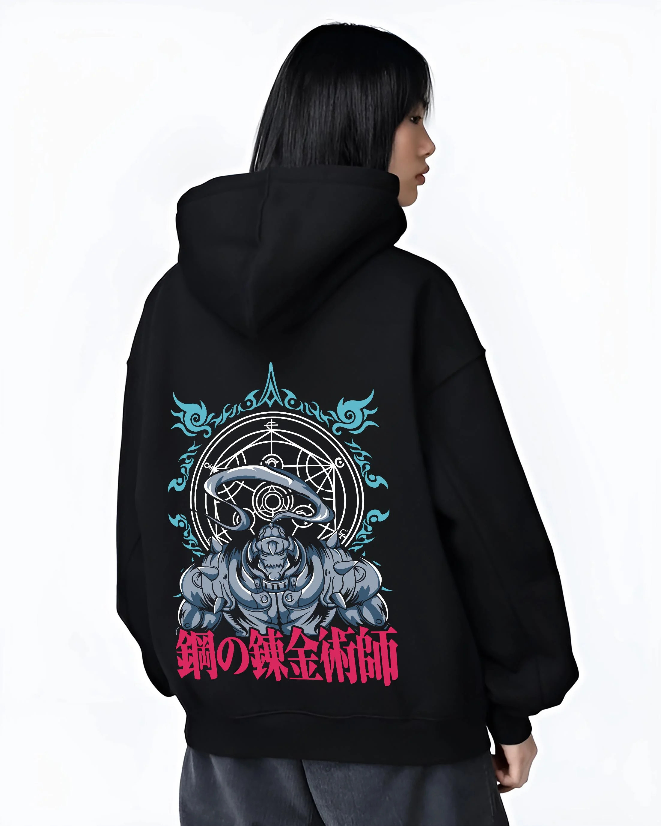 Black hoodie worn by female model, back view with Edward Elric Hoodie Fullmetal Alchemist Circle Glow graphic premium wear.