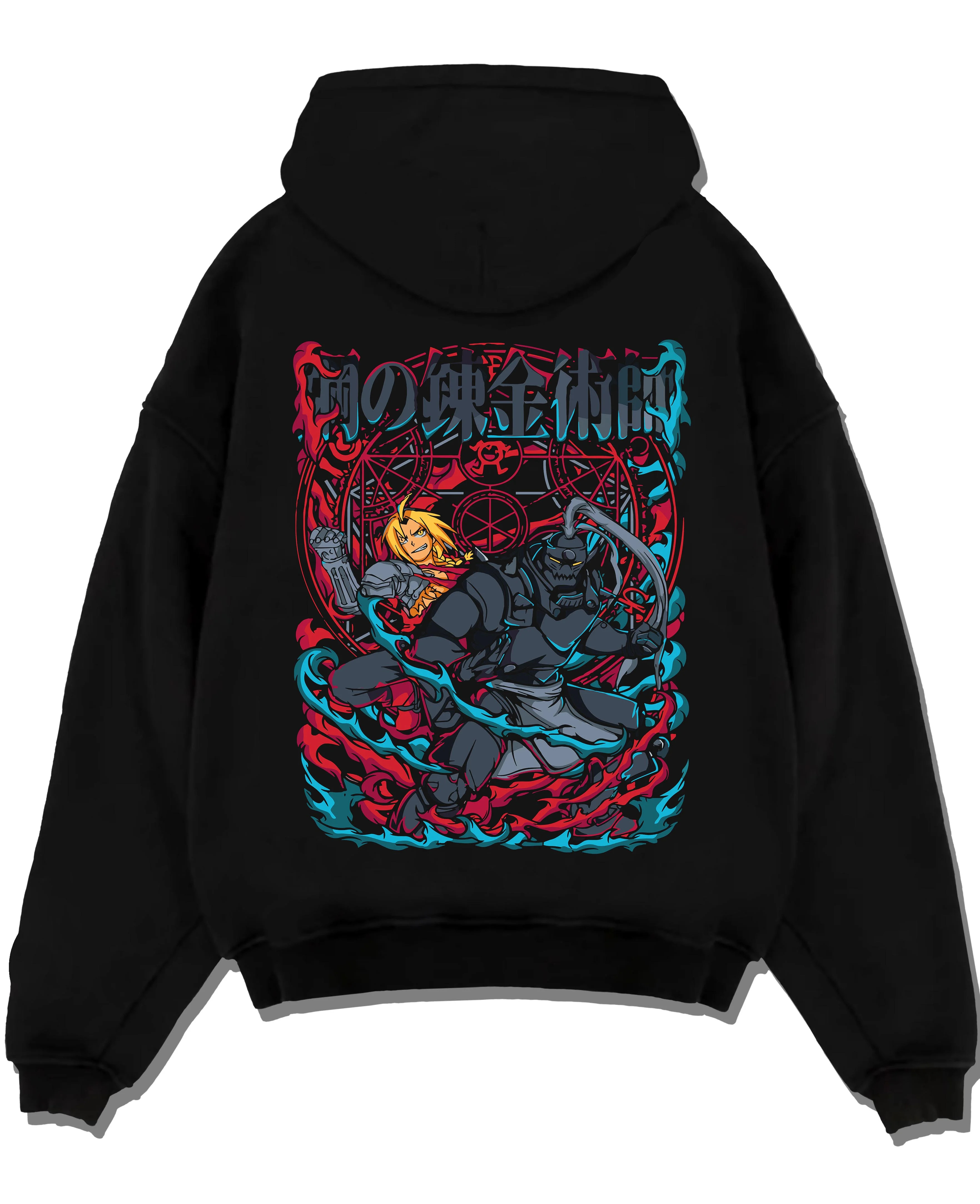 Black pullover hoodie laid flat with Edward Elric Hoodie Fullmetal Alchemist Flame Scene graphic streetwear graphic.