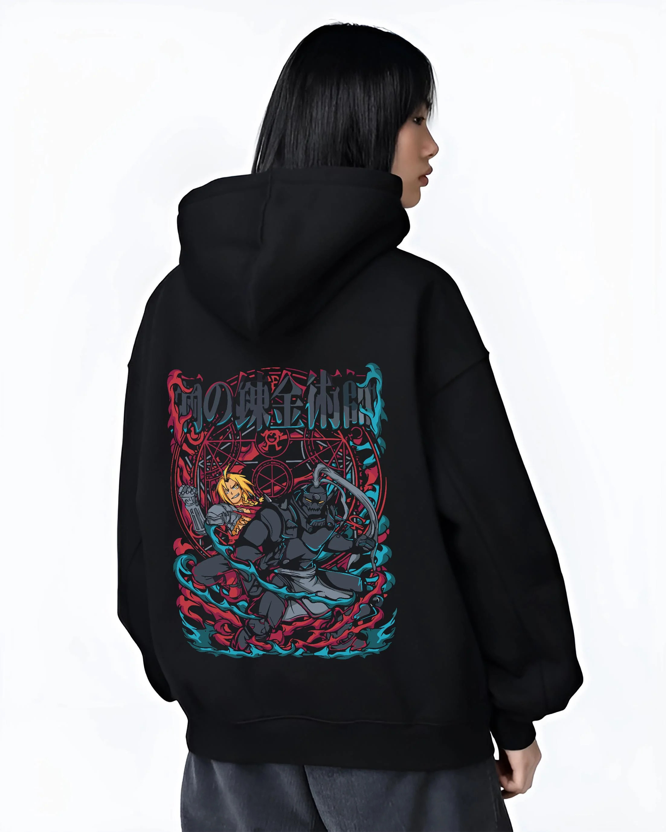 Black hoodie worn by female model, back view with Edward Elric Hoodie Fullmetal Alchemist Flame Scene graphic bold anime graphic.