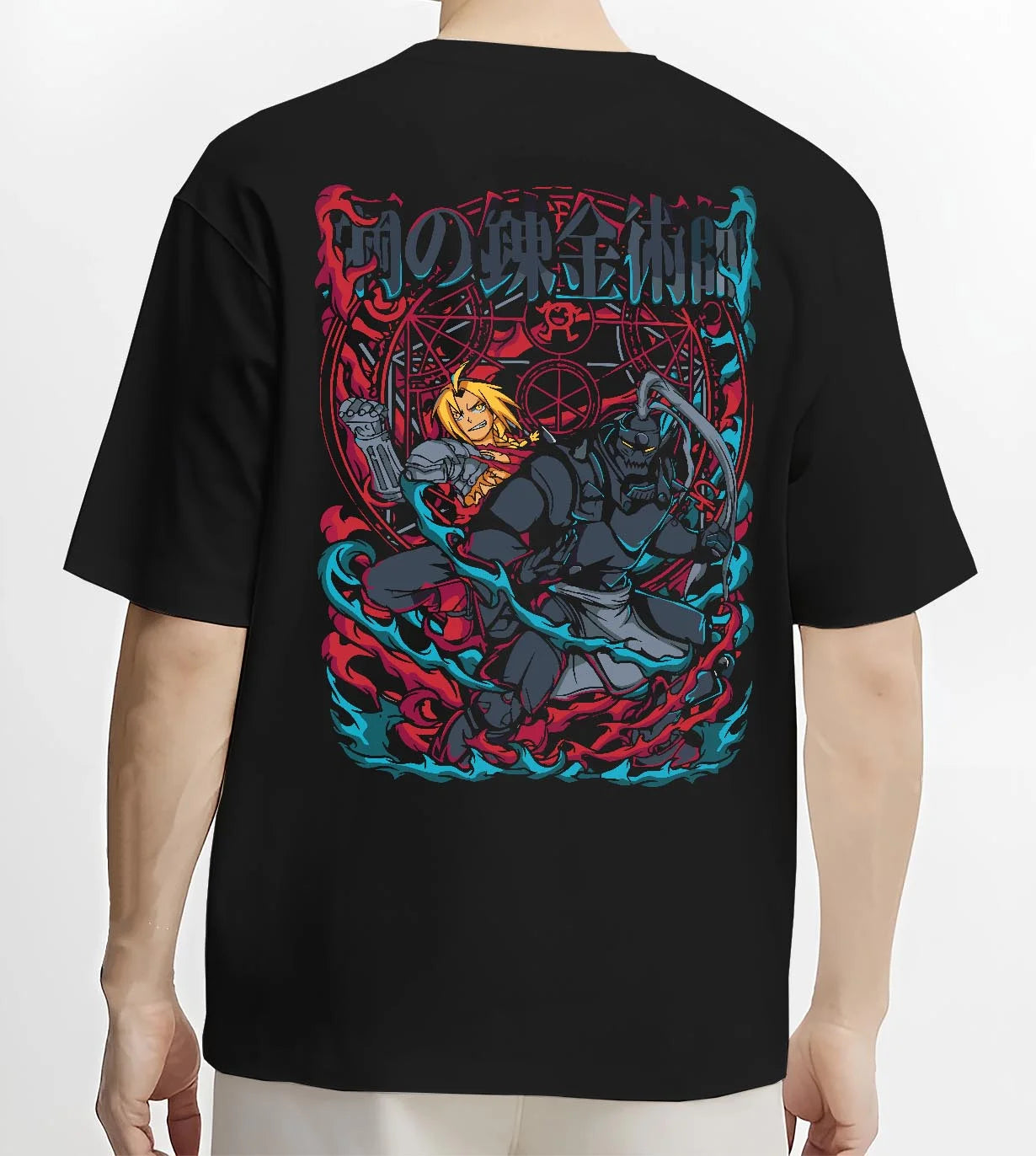 Black T-shirt worn by male model, back view with Edward Elric Hoodie Fullmetal Alchemist Flame Scene graphic premium wear.