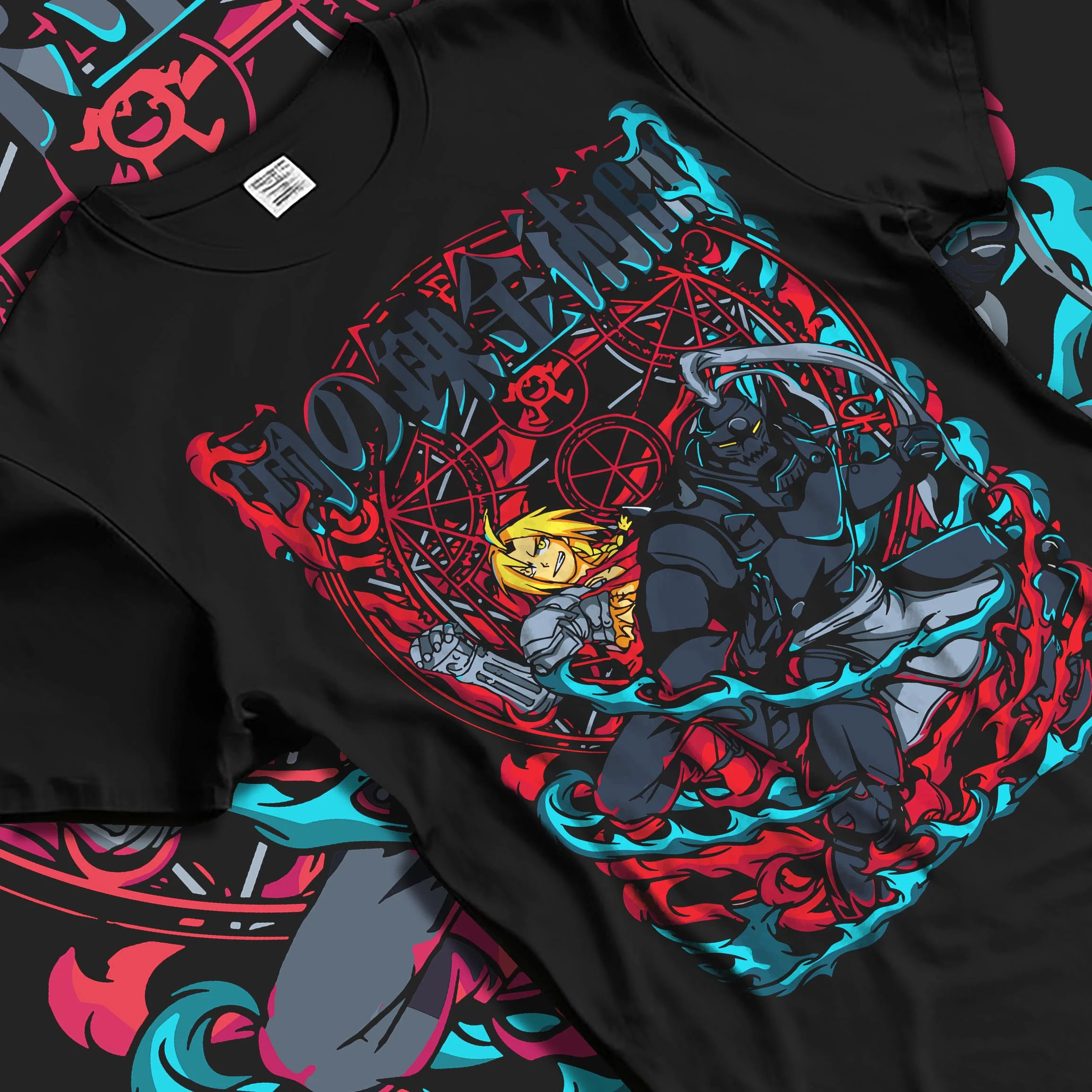 Black T-shirt laid flat with natural folds with Edward Elric Hoodie Fullmetal Alchemist Flame Scene graphic streetwear graphic.