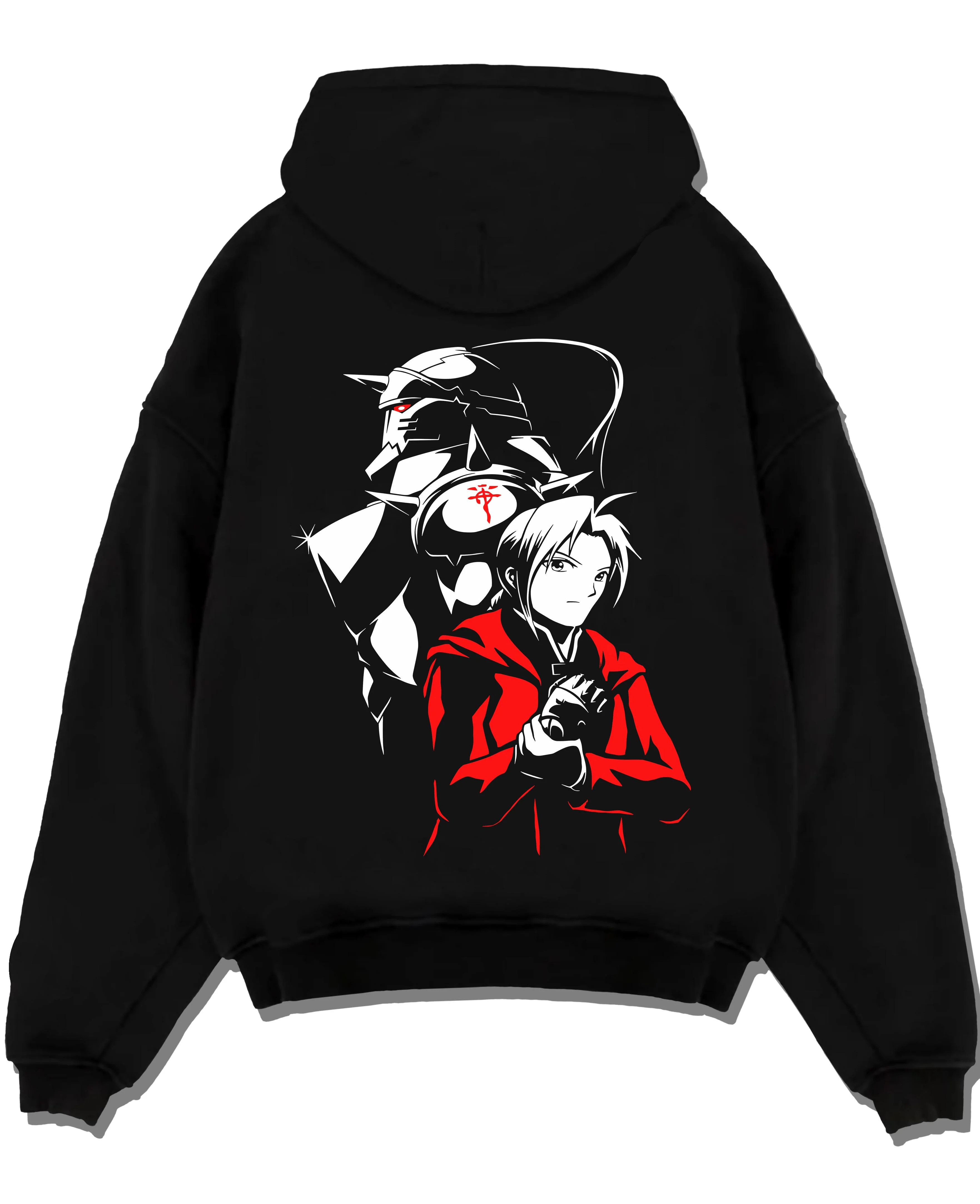 Black pullover hoodie laid flat with Edward Elric Hoodie Fullmetal Alchemist Armor Duo graphic streetwear graphic.