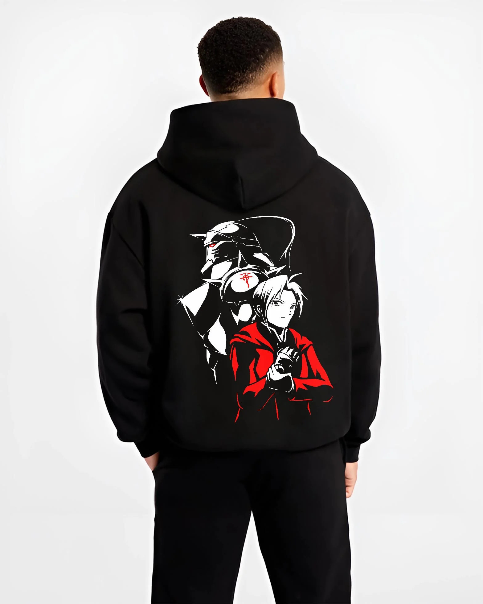 Black hoodie worn by male model, back view with Edward Elric Hoodie Fullmetal Alchemist Armor Duo graphic premium wear.