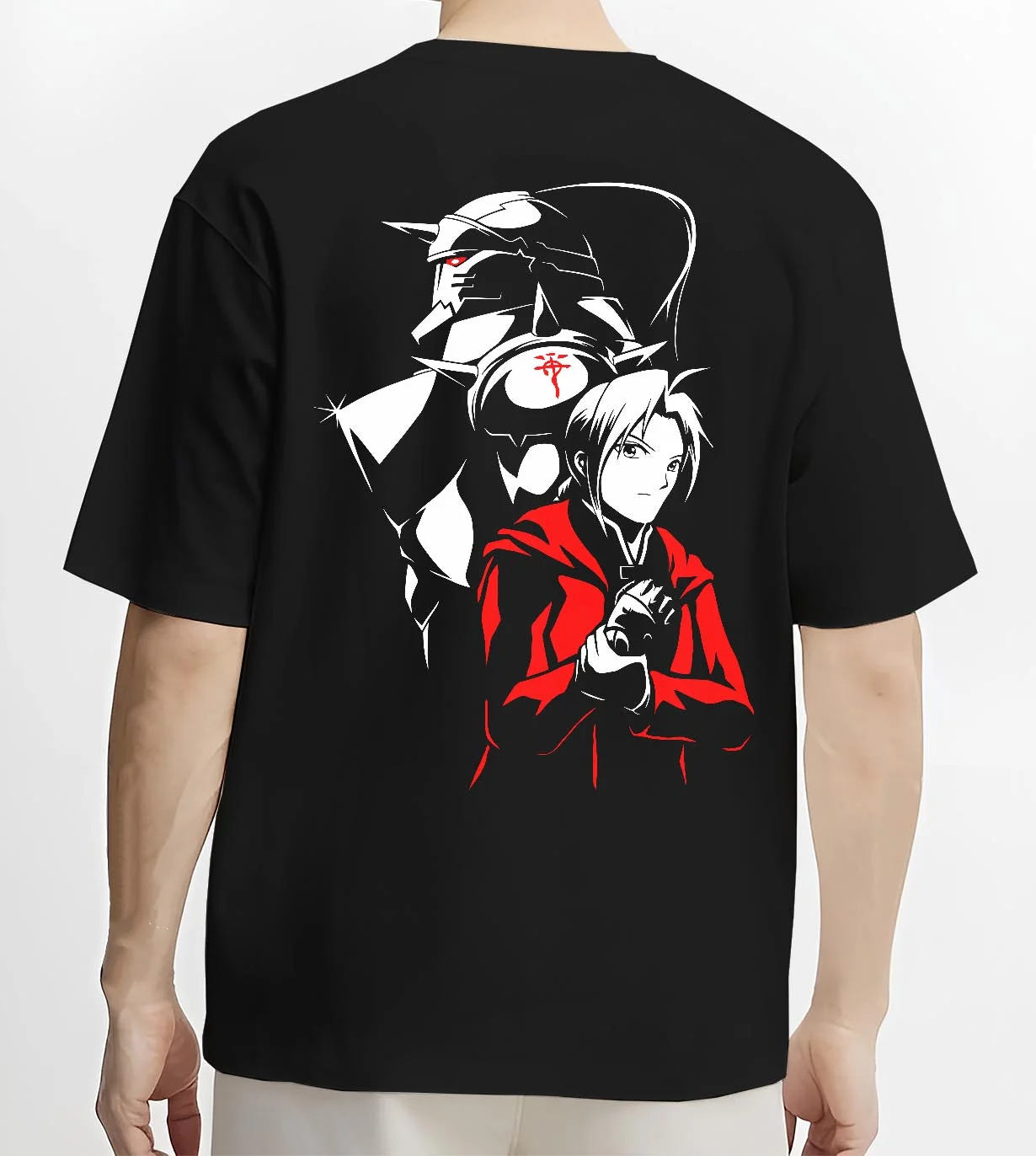Black T-shirt worn by male model, back view with Edward Elric Hoodie Fullmetal Alchemist Armor Duo graphic premium wear.