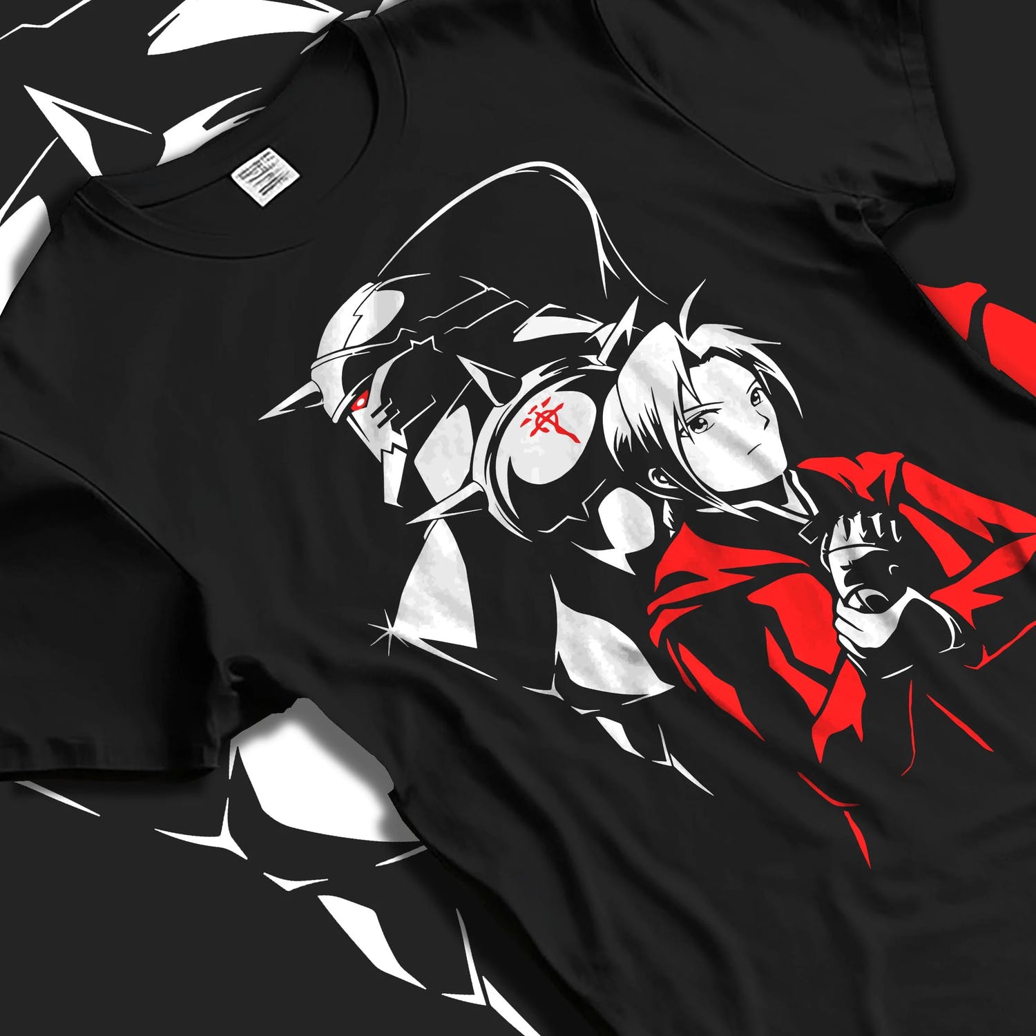 Black T-shirt laid flat with natural folds with Edward Elric Hoodie Fullmetal Alchemist Armor Duo graphic bold anime graphic.
