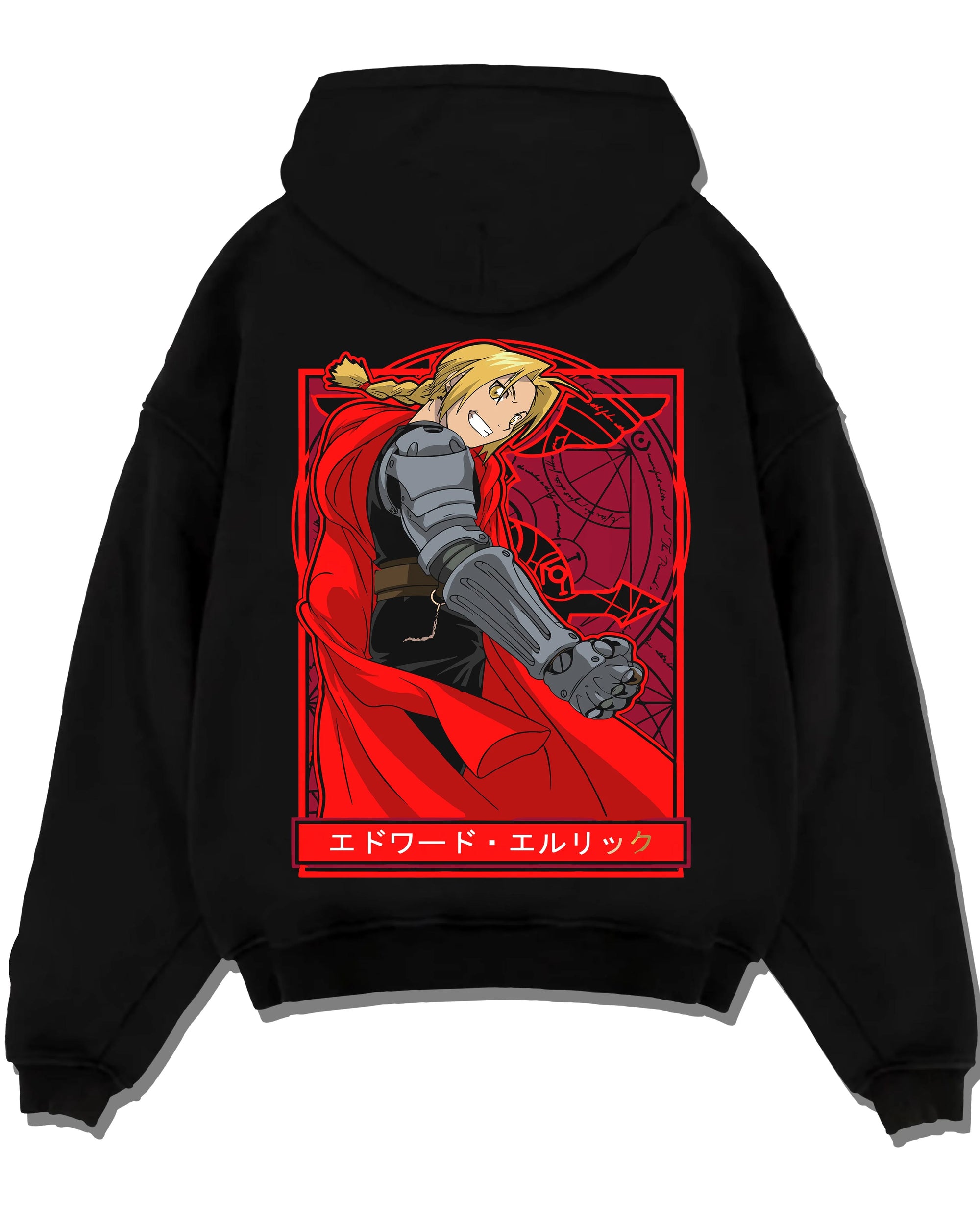 Black pullover hoodie laid flat with Edward Elric Hoodie Fullmetal Alchemist Red Cape graphic premium wear.