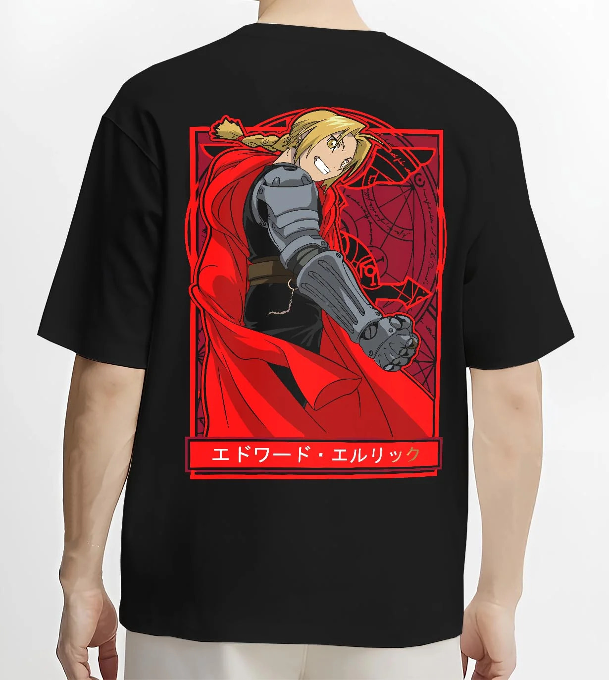 Black T-shirt worn by male model, back view with Edward Elric Hoodie Fullmetal Alchemist Red Cape graphic premium wear.