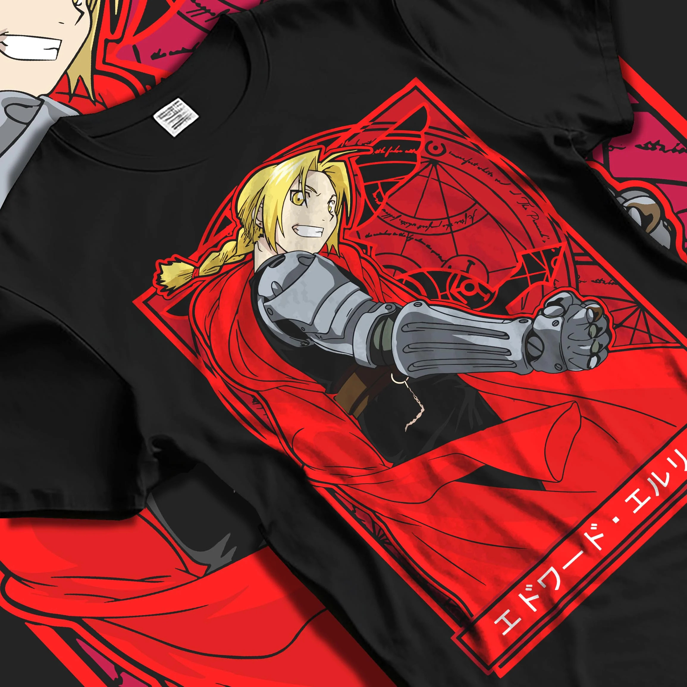 Black T-shirt laid flat with natural folds with Edward Elric Hoodie Fullmetal Alchemist Red Cape graphic premium wear.