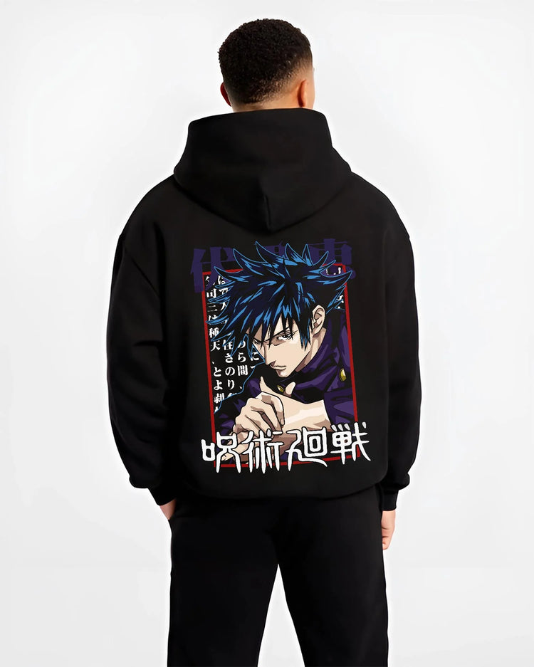 Black hoodie worn by male model, back view with Megumi Fushiguro Hoodie Jujutsu Kaisen Cursed Energy graphic premium wear.