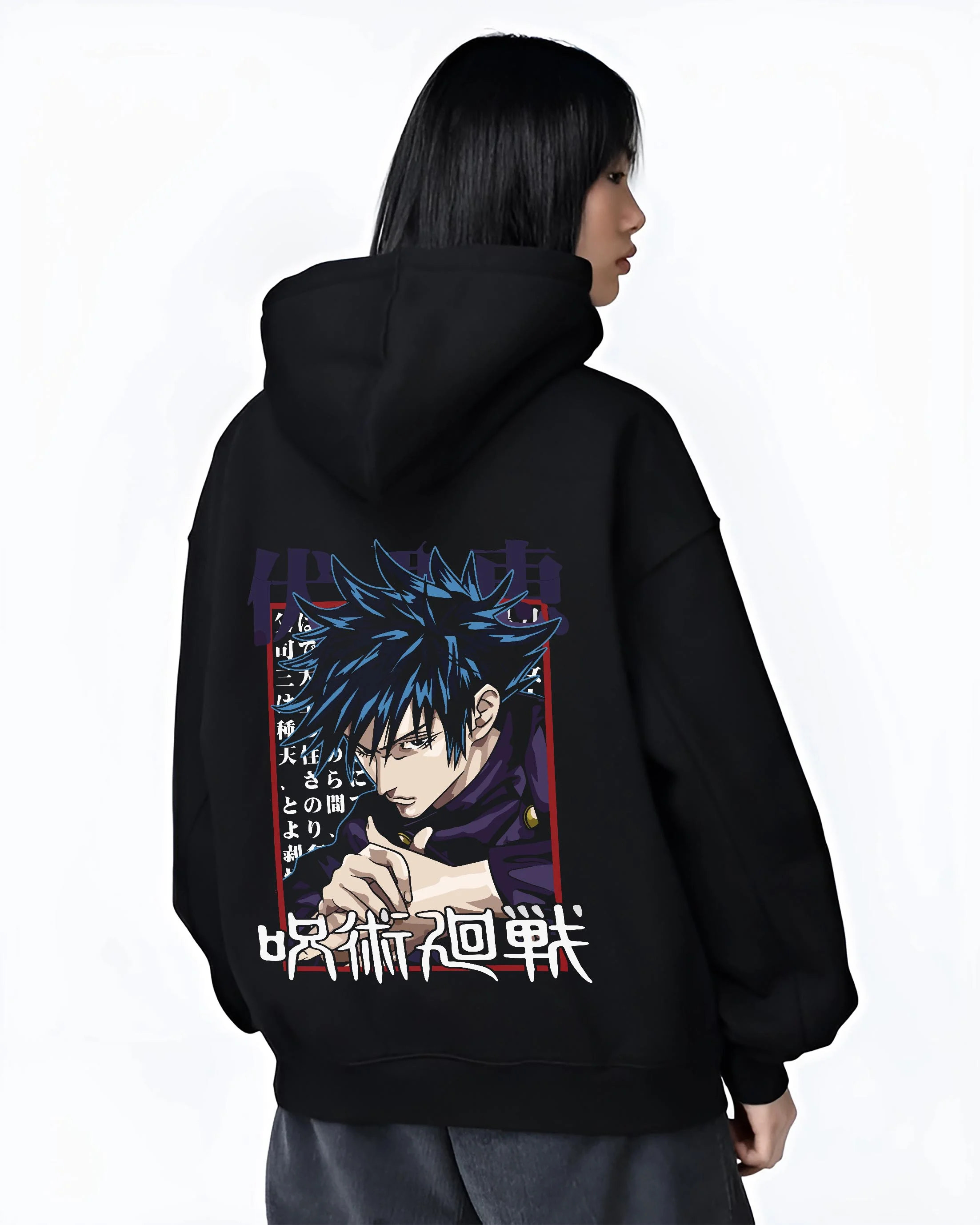 Black hoodie worn by female model, back view with Megumi Fushiguro Hoodie Jujutsu Kaisen Cursed Energy graphic streetwear graphic.