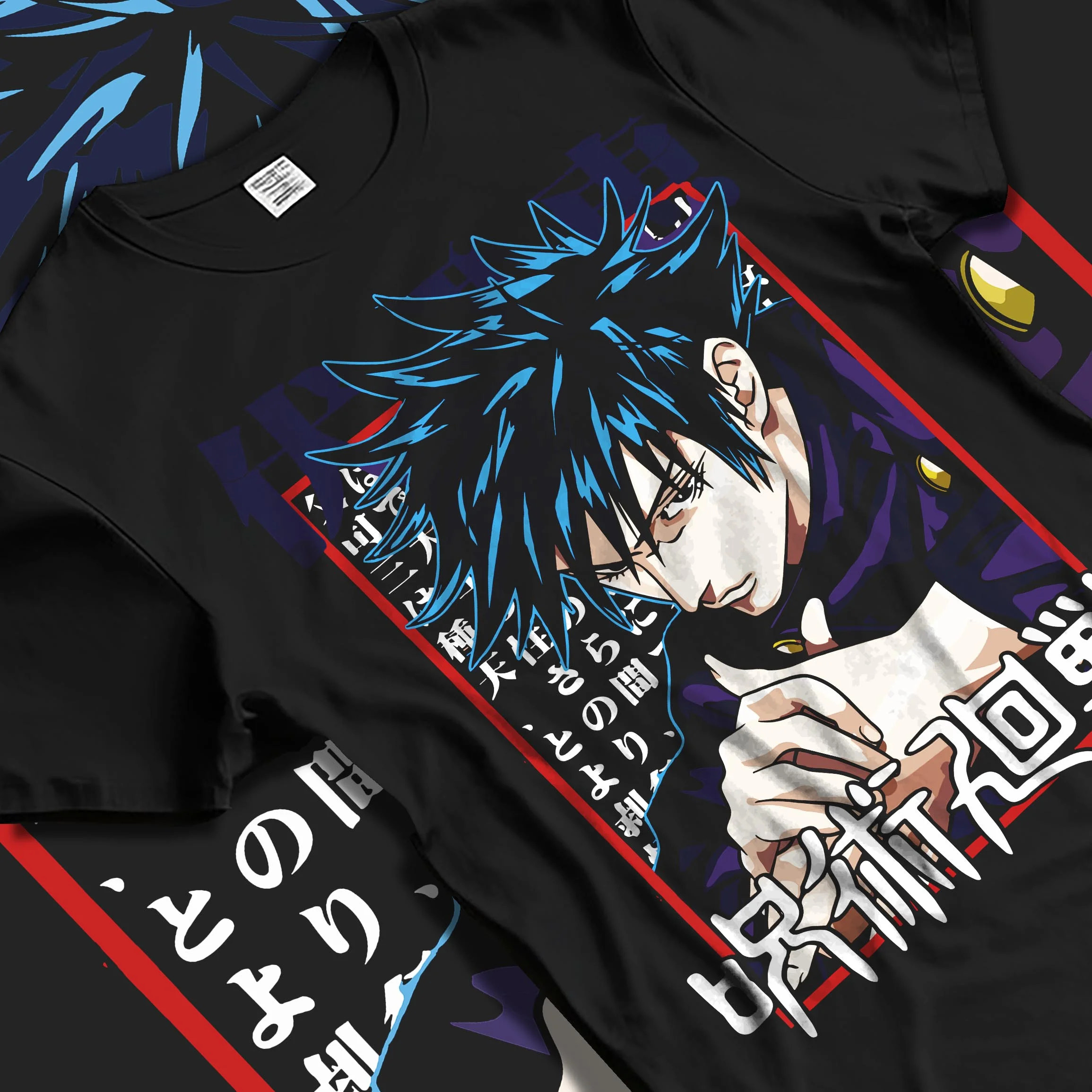 Black T-shirt laid flat with natural folds with Megumi Fushiguro Hoodie Jujutsu Kaisen Cursed Energy graphic streetwear graphic.