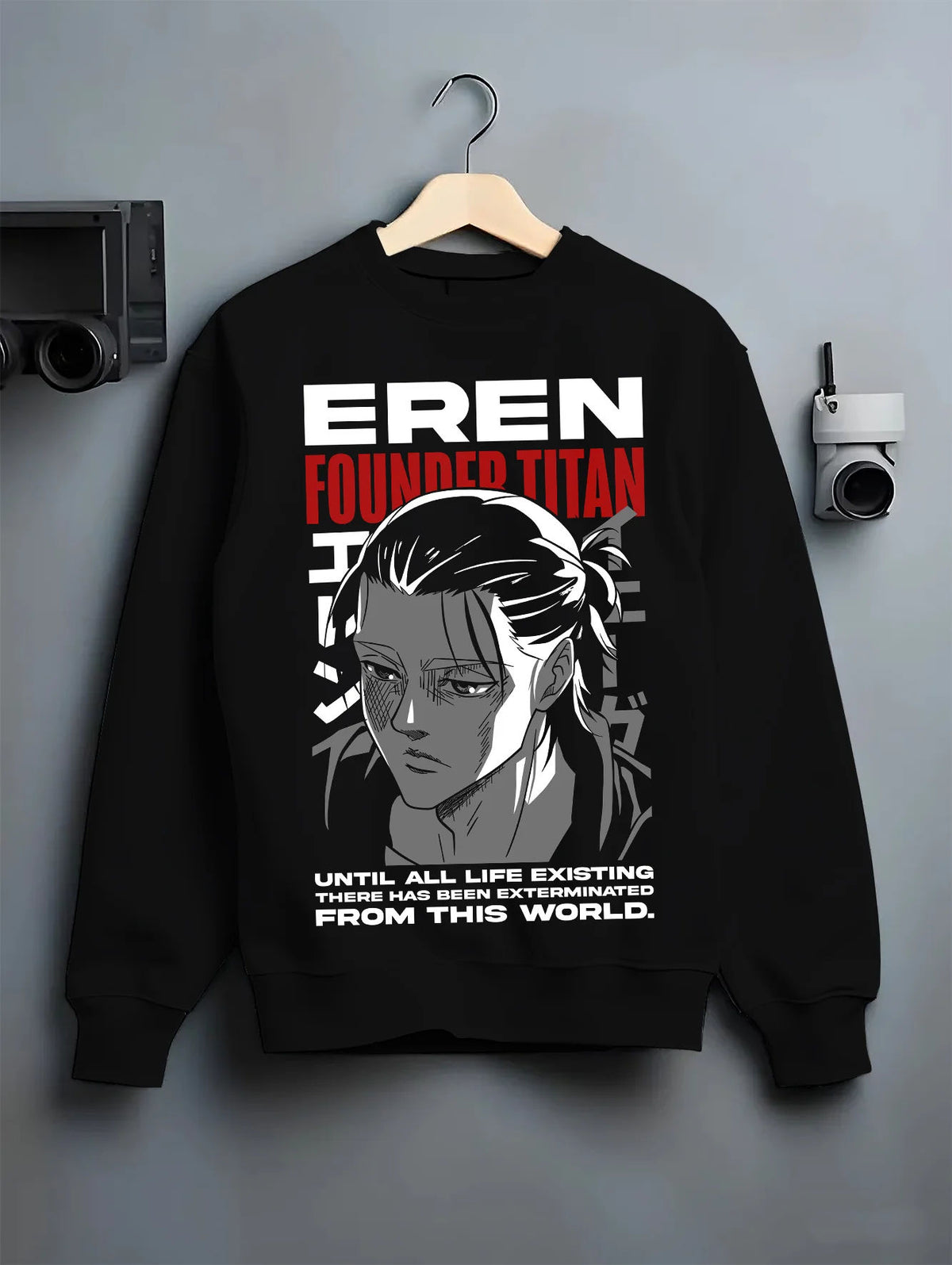 Black crewneck sweatshirt on hanger with Eren Yeager / Founding Titan portrait from Attack on Titan illustrated back graphic
