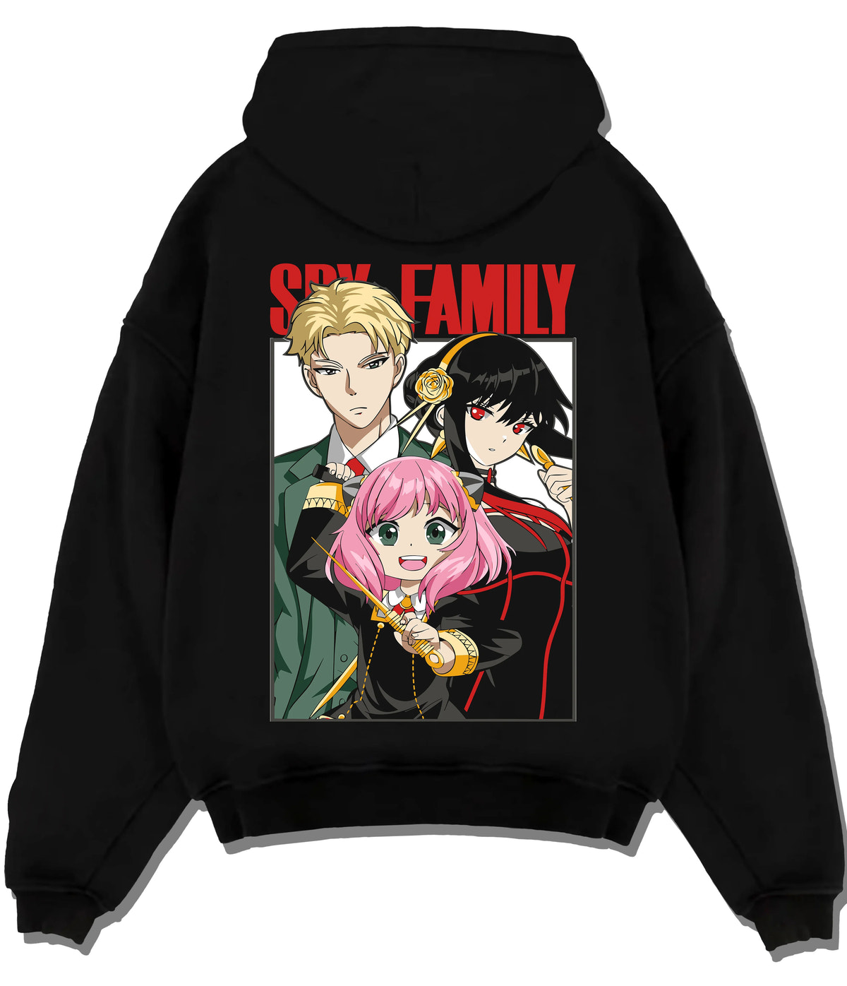Black hoodie flat back view with Loid, Yor and Anya Forger from Spy x Family illustrated back graphic