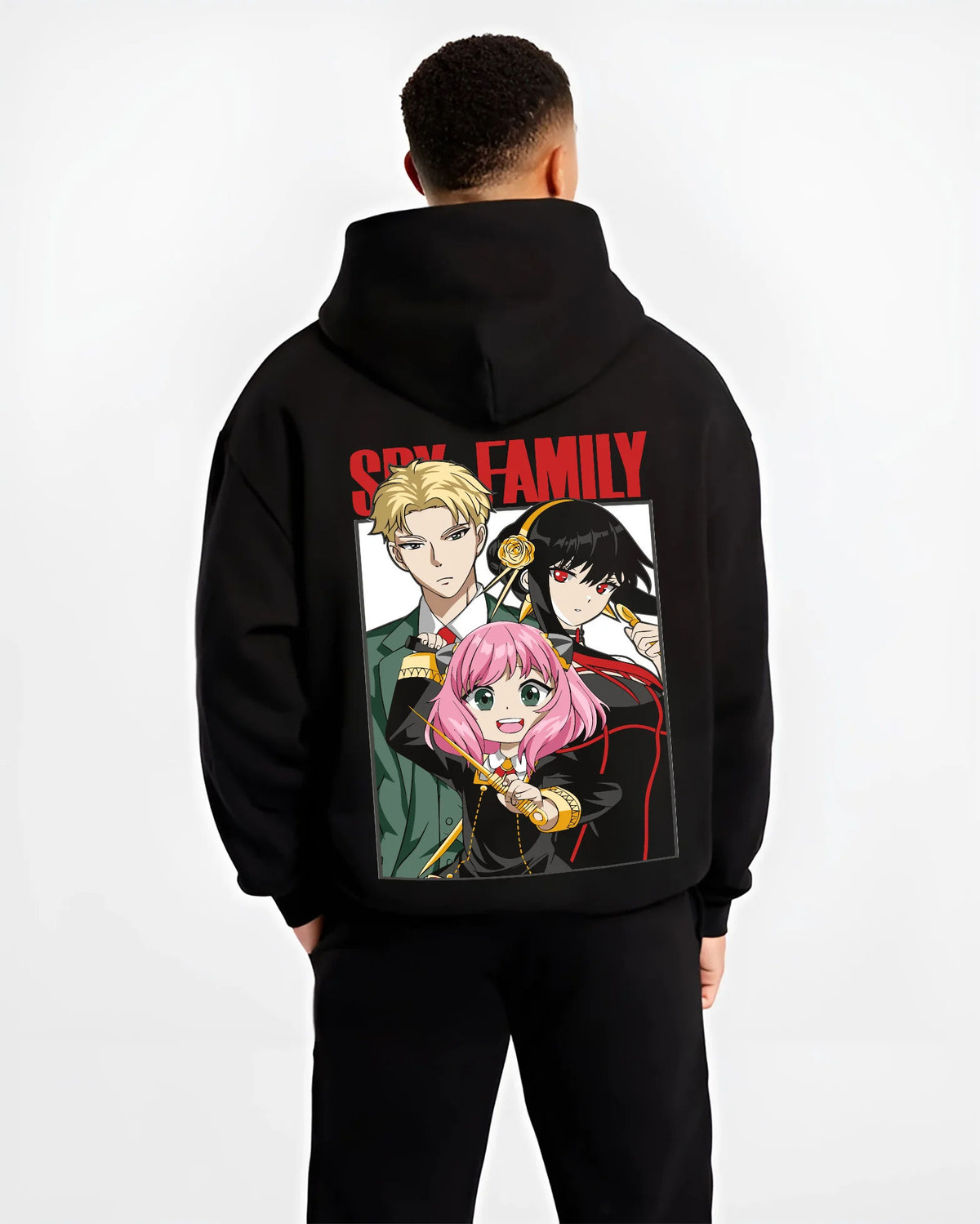Black hoodie model back view with Loid, Yor and Anya Forger from Spy x Family illustrated back graphic