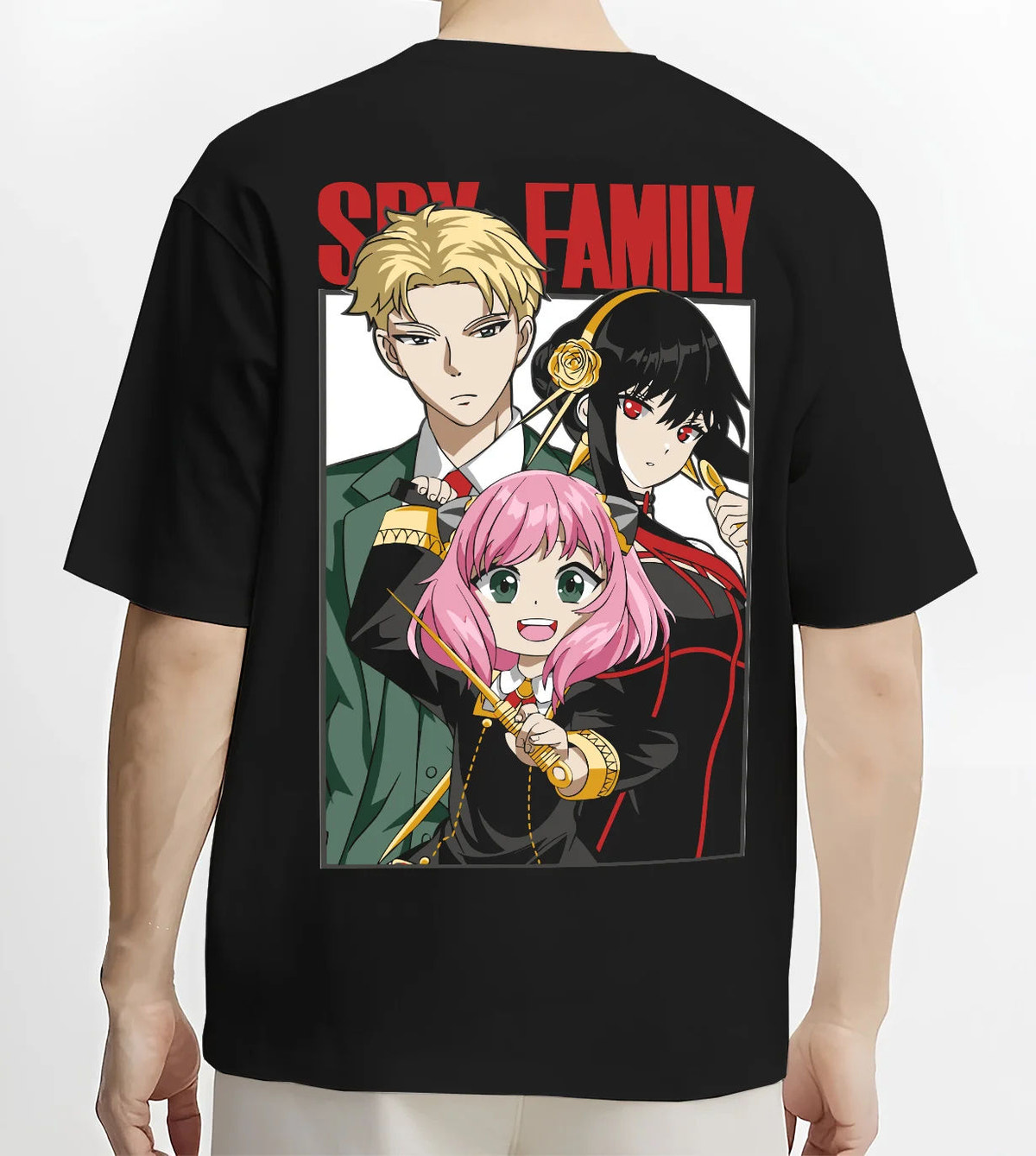 Black T-shirt model back view with Loid, Yor and Anya Forger from Spy x Family illustrated back graphic