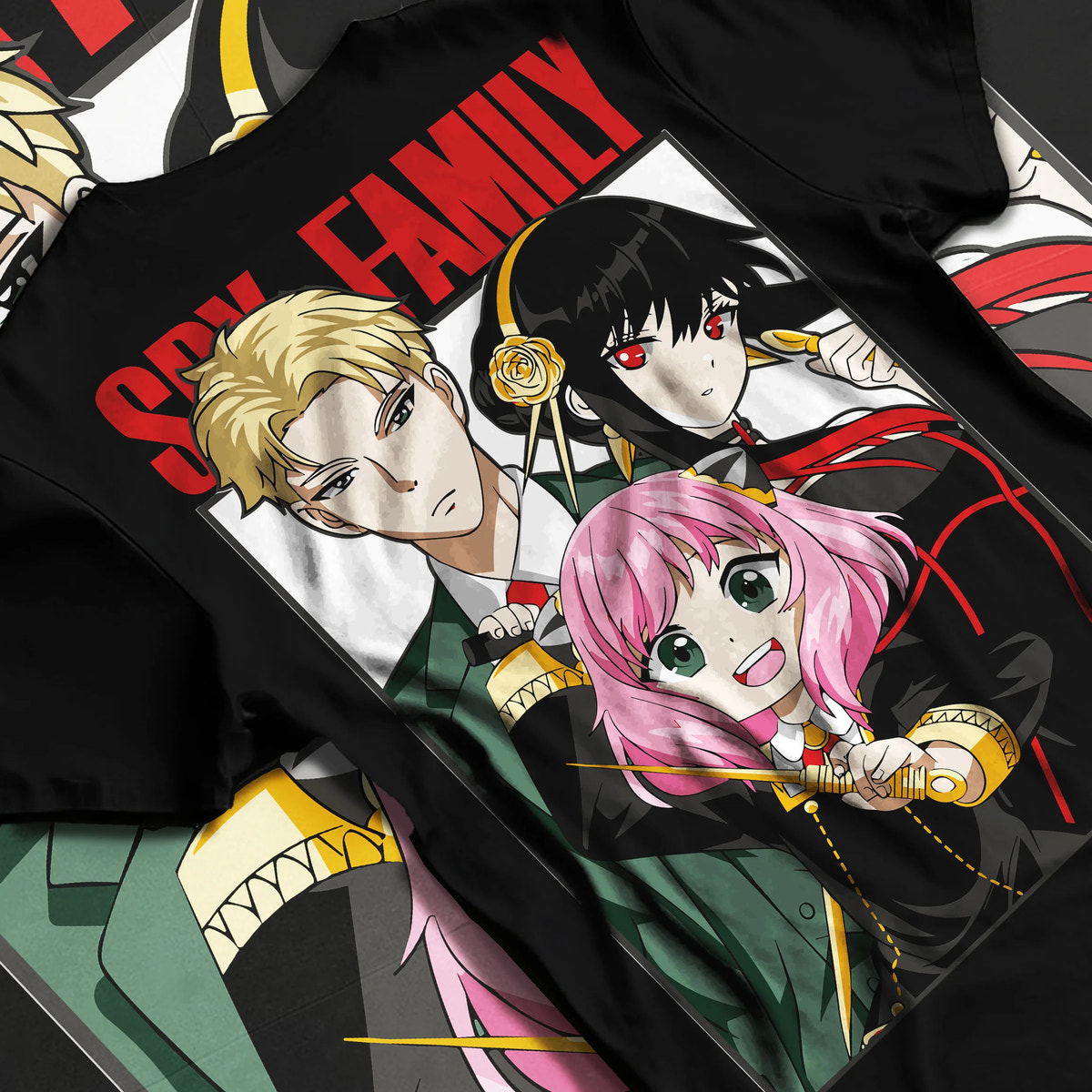 Black T-shirt flat back view with Loid, Yor and Anya Forger from Spy x Family illustrated back graphic