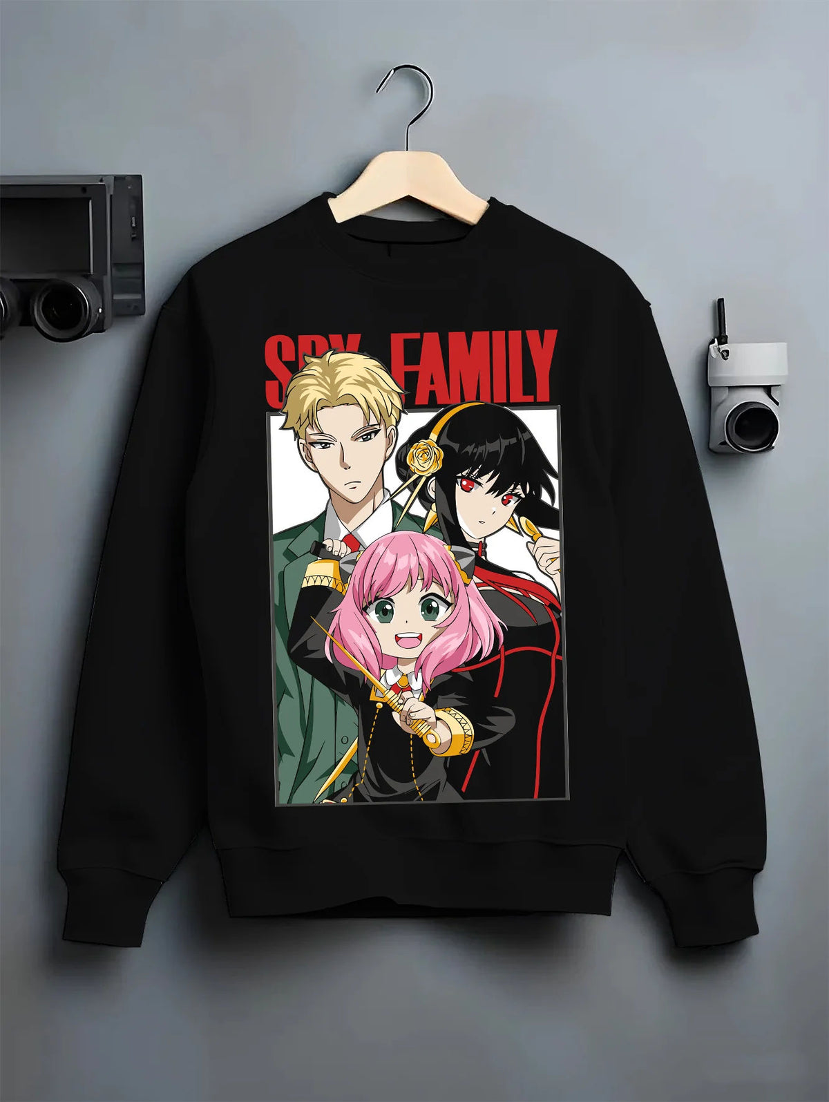Black crewneck sweatshirt on hanger with Loid, Yor and Anya Forger from Spy x Family illustrated back graphic