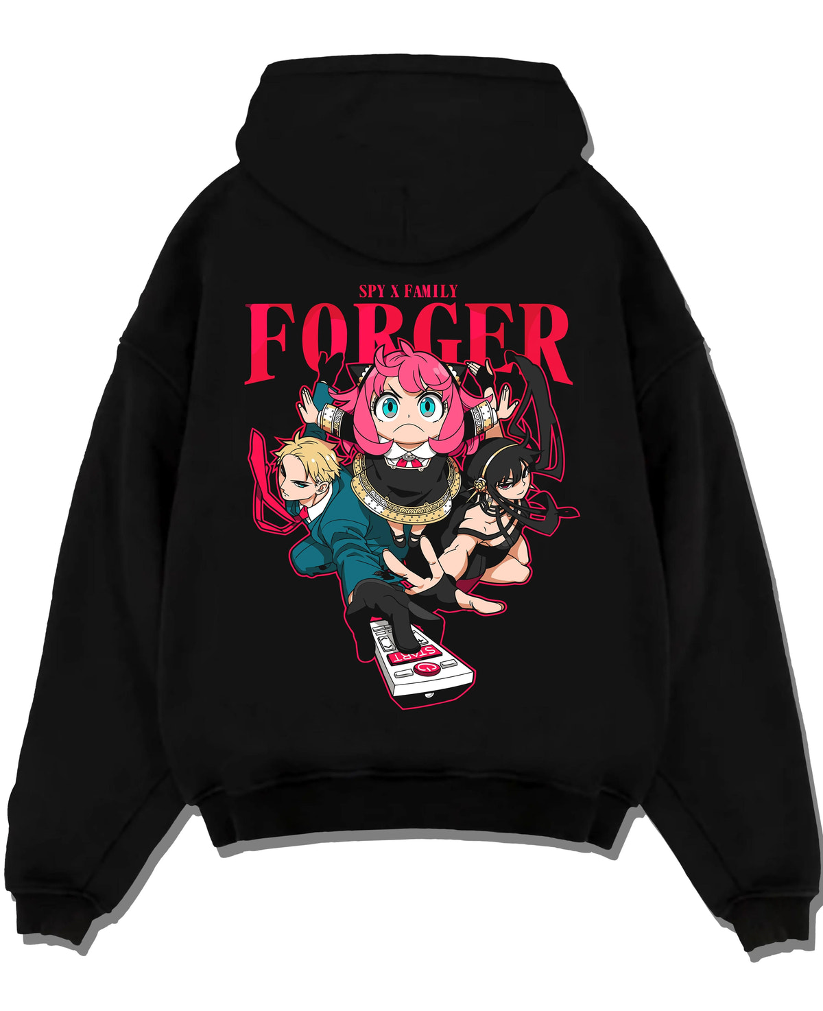 Black hoodie laid flat featuring The Forgers Spy x Family family portrait artwork.