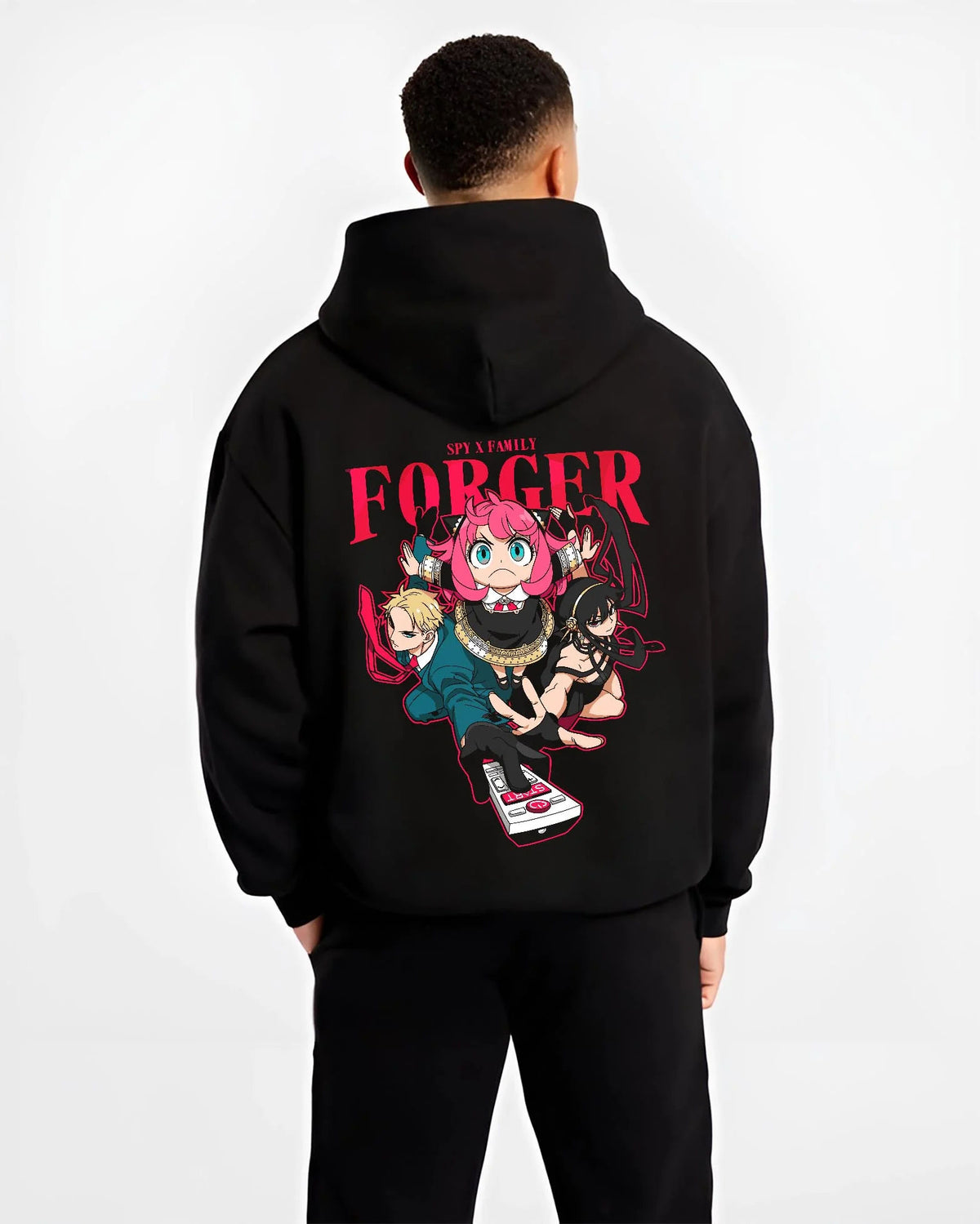 Black hoodie worn by male model from the back featuring The Forgers Spy x Family family portrait artwork.