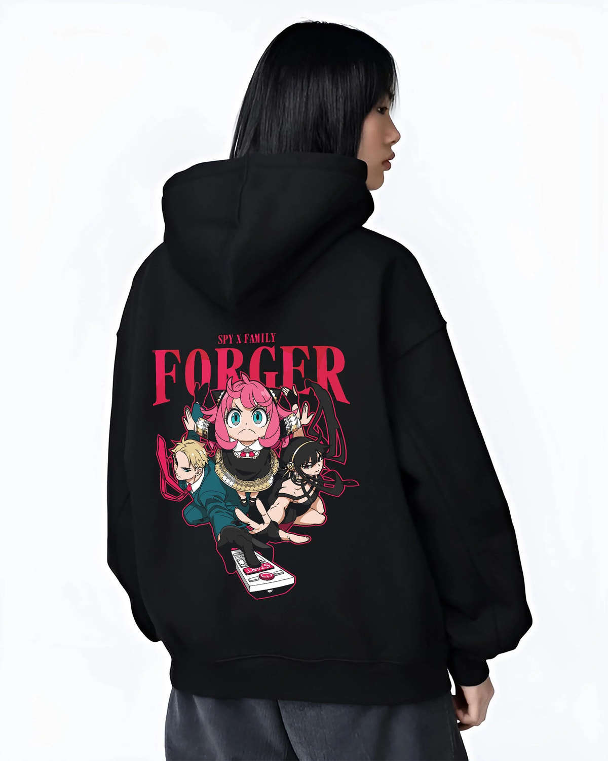 Black hoodie worn by female model from the back featuring The Forgers Spy x Family family portrait artwork.