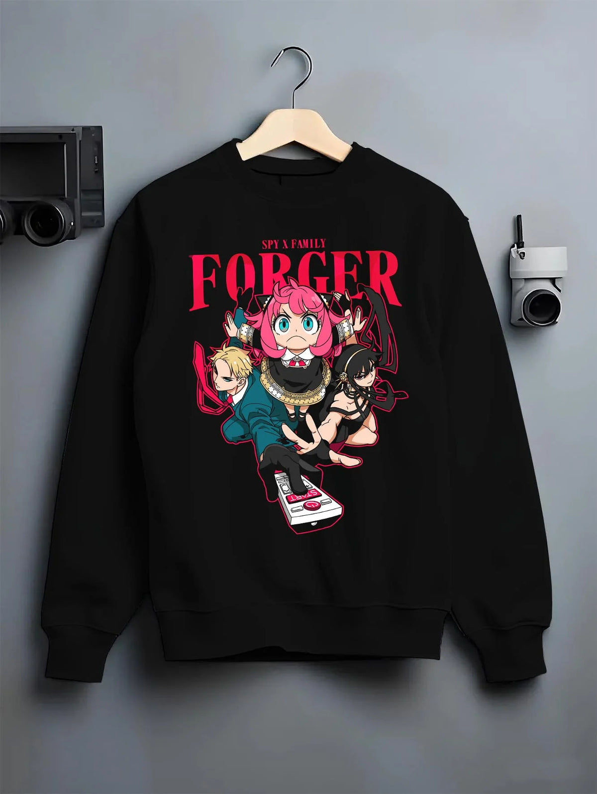 Black crewneck sweatshirt on hanger featuring The Forgers Spy x Family family portrait artwork.