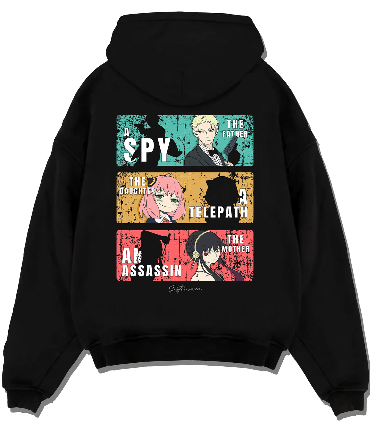 Black hoodie flat back view with Loid, Anya and Yor Forger collage from Spy x Family illustrated back graphic