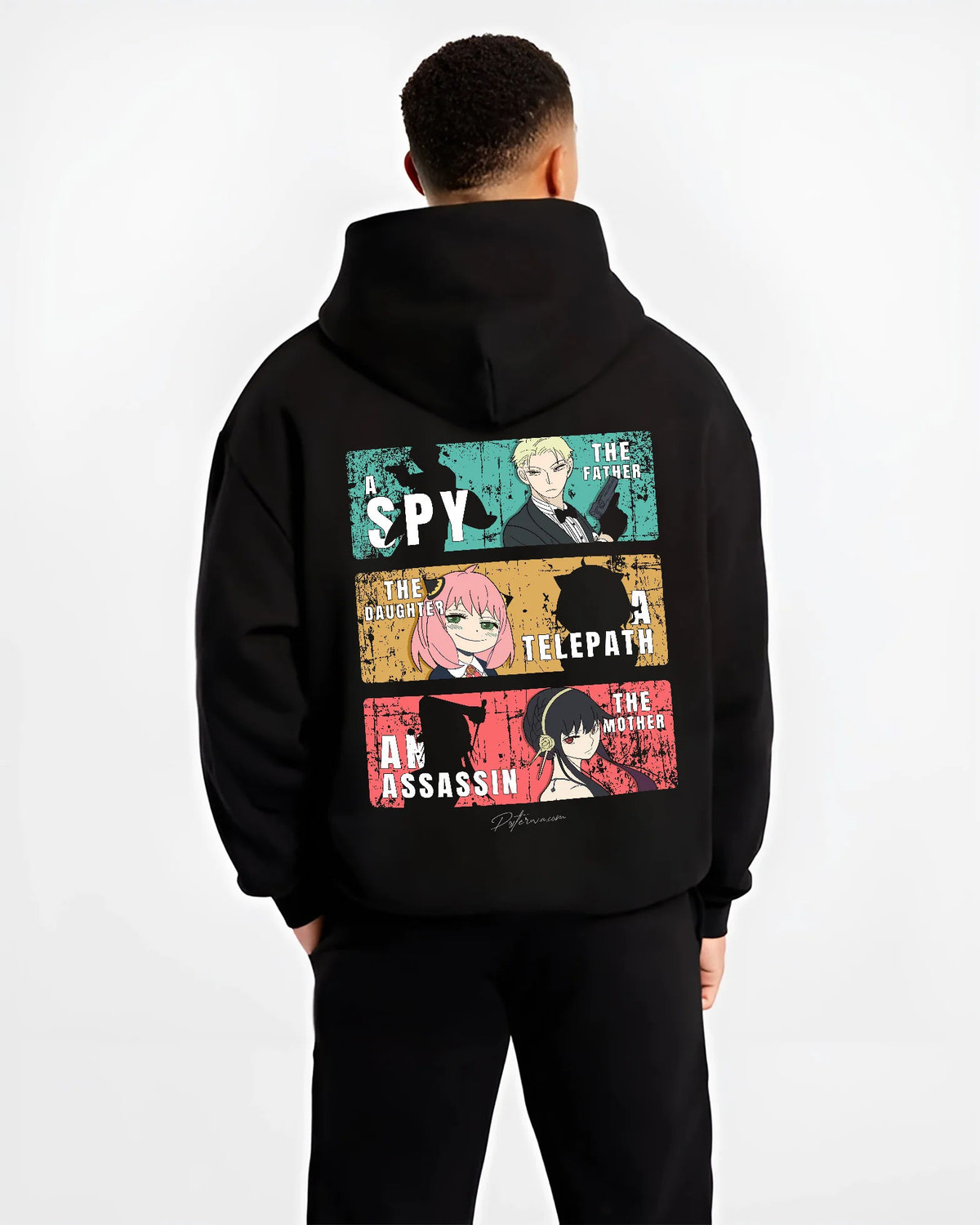 Black hoodie model back view with Loid, Anya and Yor Forger collage from Spy x Family illustrated back graphic
