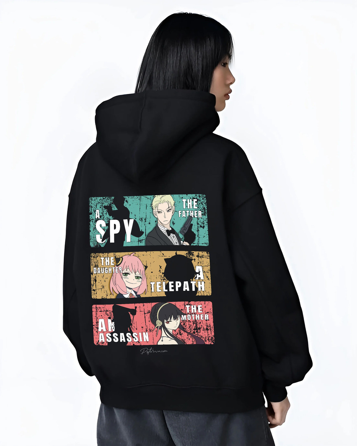 Black hoodie female model back view with Loid, Anya and Yor Forger collage from Spy x Family illustrated back graphic
