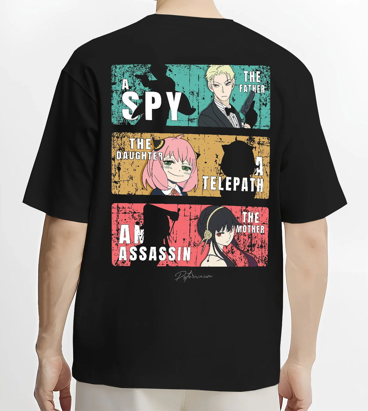 Black T-shirt model back view with Loid, Anya and Yor Forger collage from Spy x Family illustrated back graphic
