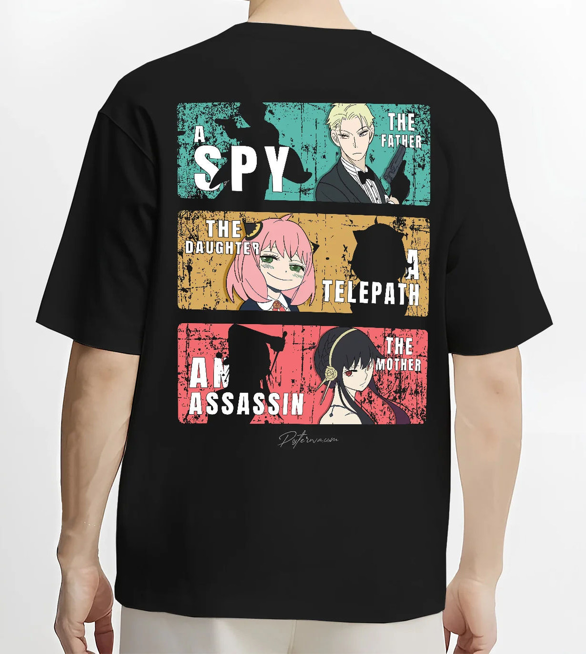 Black T-shirt model back view with Loid, Anya and Yor Forger collage from Spy x Family illustrated back graphic