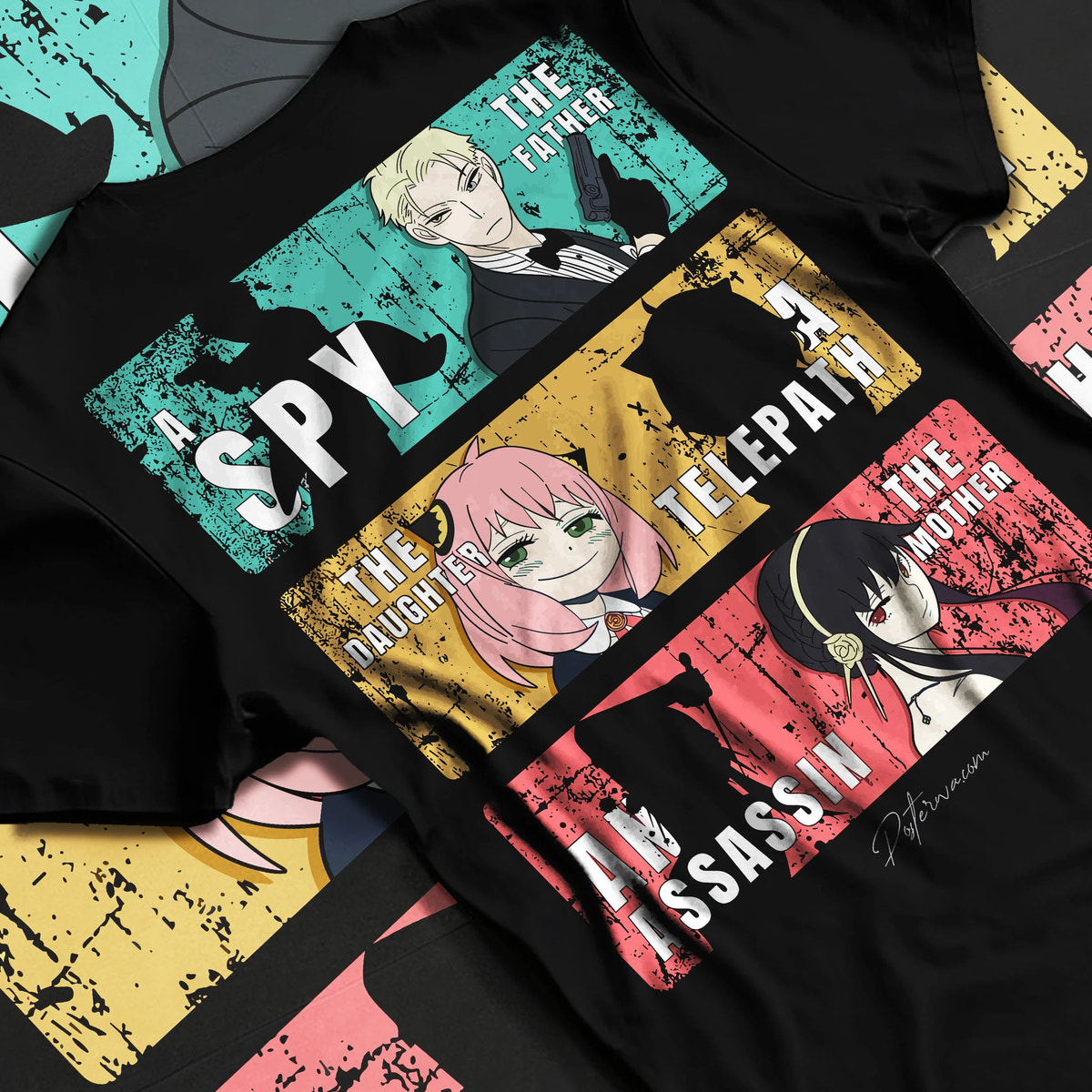 Black T-shirt flat back view with Loid, Anya and Yor Forger collage from Spy x Family illustrated back graphic