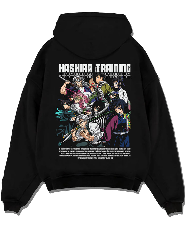 Black pullover hoodie laid flat with Demon Slayer Hoodie Hashira Training Group Roster graphic streetwear graphic.