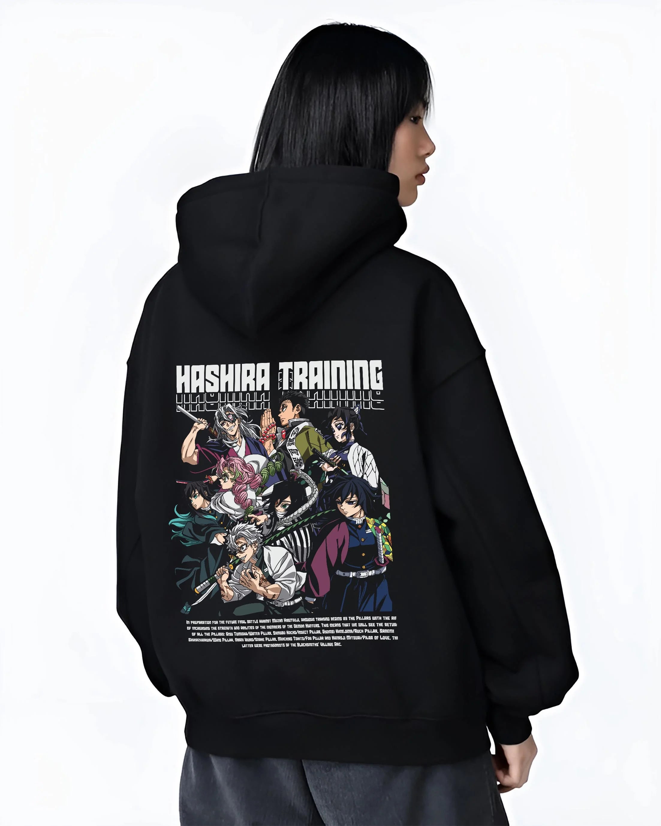 Black hoodie worn by female model, back view with Demon Slayer Hoodie Hashira Training Group Roster graphic bold anime graphic.